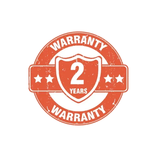 A round orange and white badge with the text "Warranty 2 Years" and a shield symbol in the center.