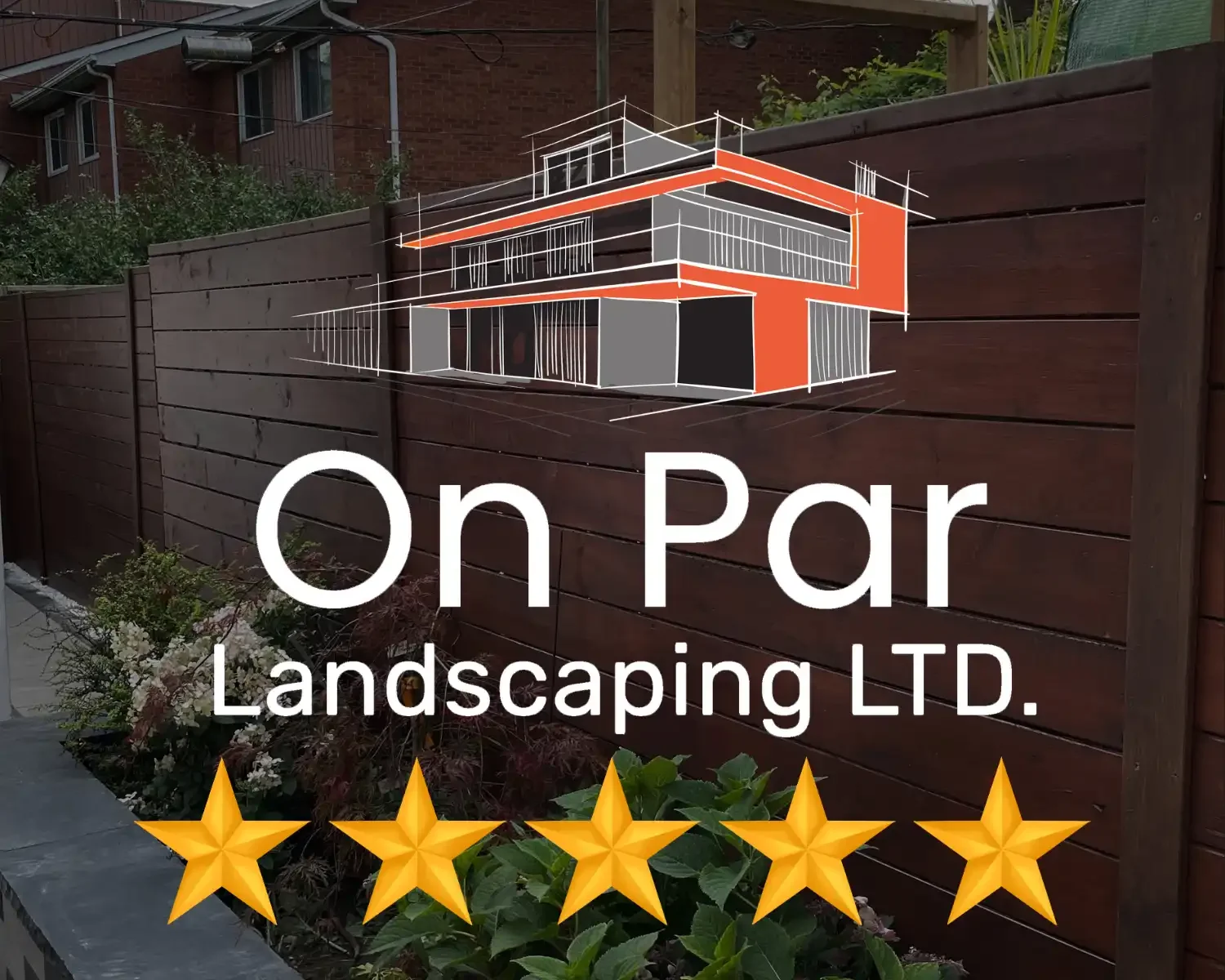 A rental review image for a landscaping company called 'On Par Landscaping LTD.' shows a wooden fence with a garden bed at the bottom left corner. The review includes a house sketch and five gold stars at the bottom, indicating a five-star rating.
