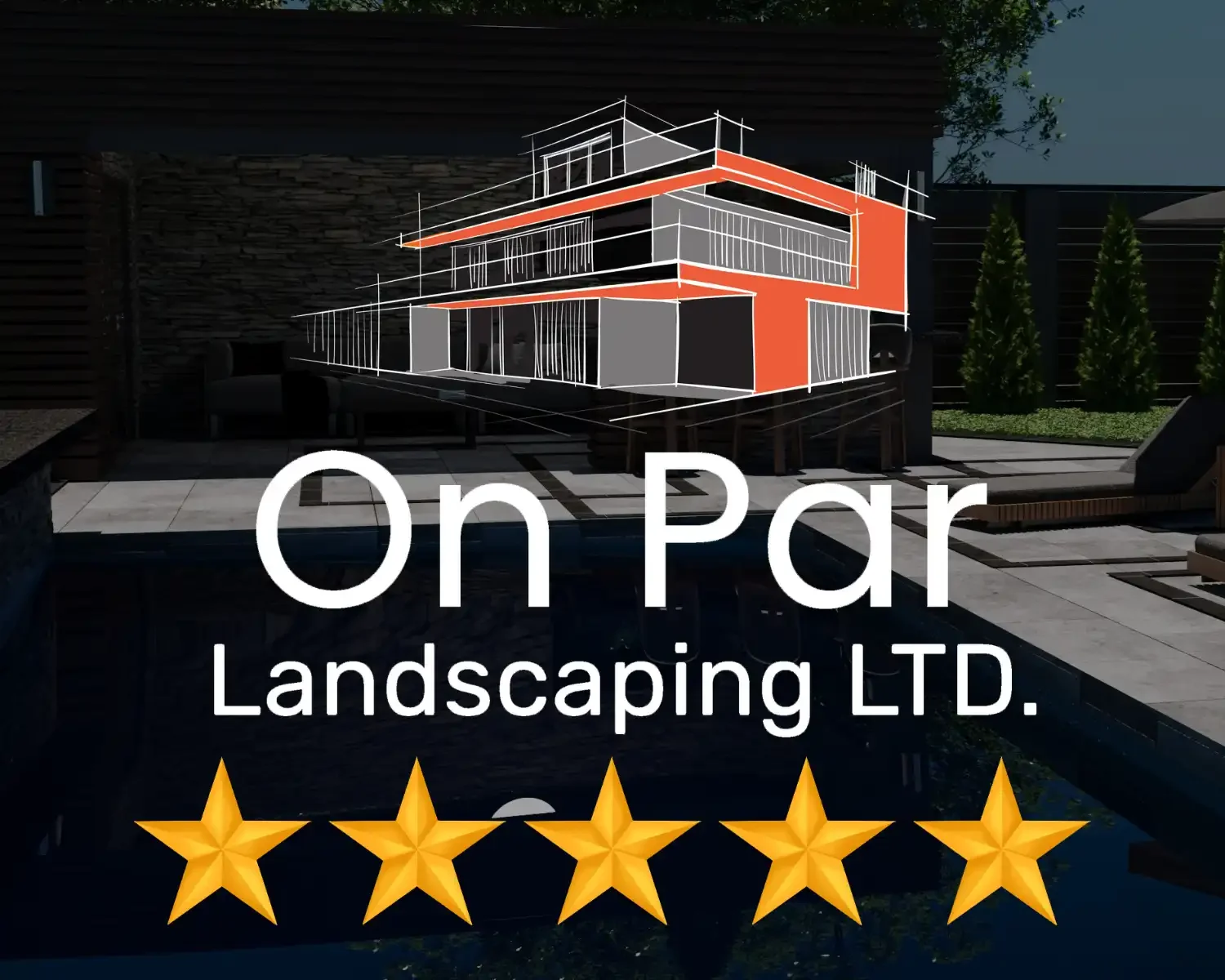 Logo for On Par Landscaping LTD. with a modern house sketch and a five-star rating