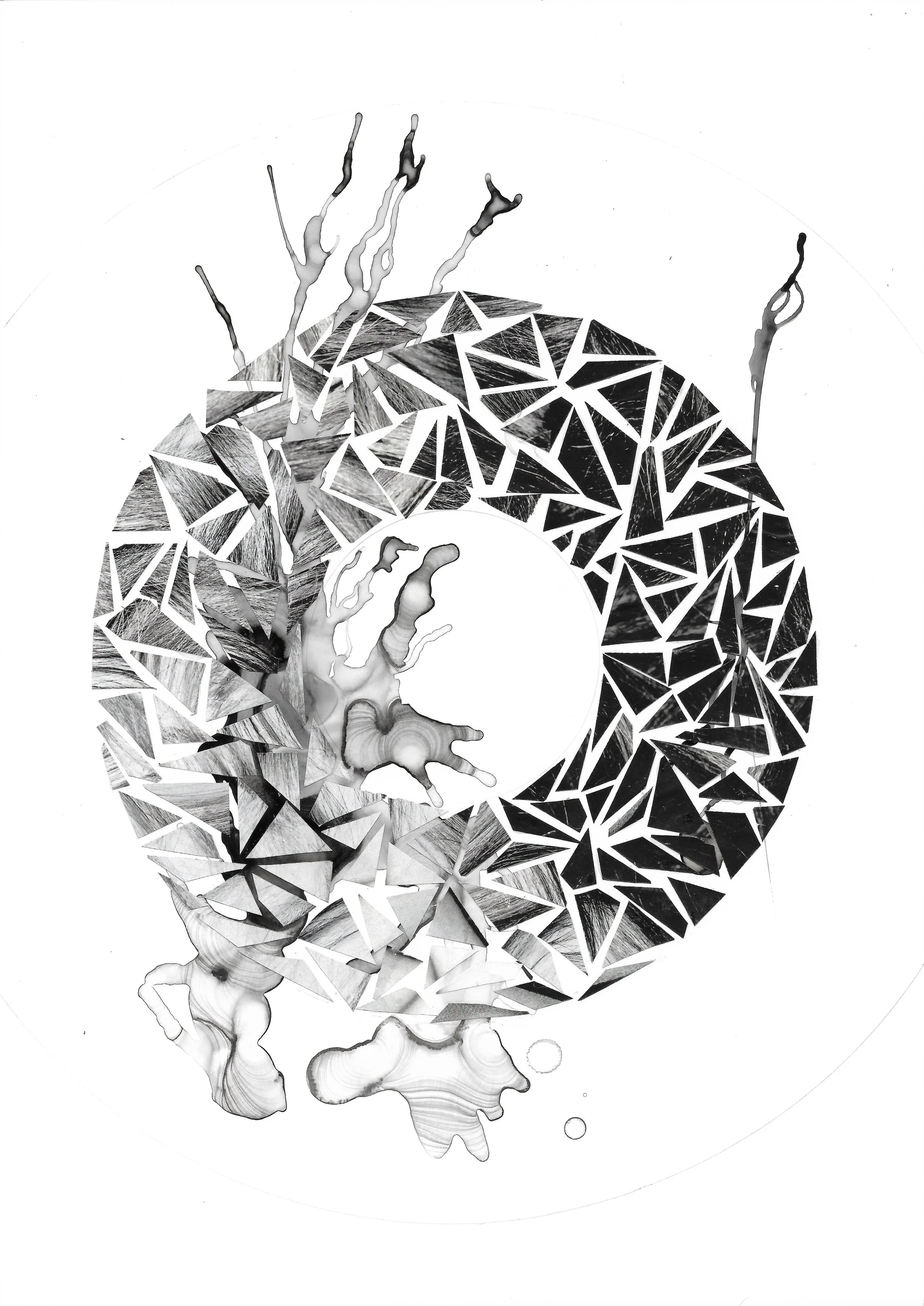 Fragmentation 4, 8" x 10", Ink and paper on Yupo