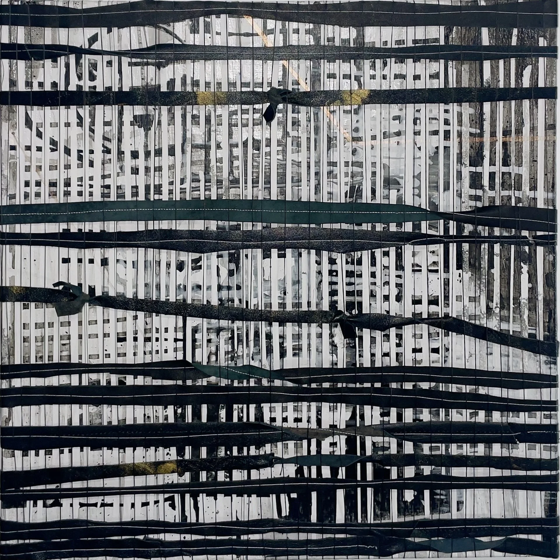 City Lights
Acrylic, ink, thread, leather on canvas
20" x 20" 
2022