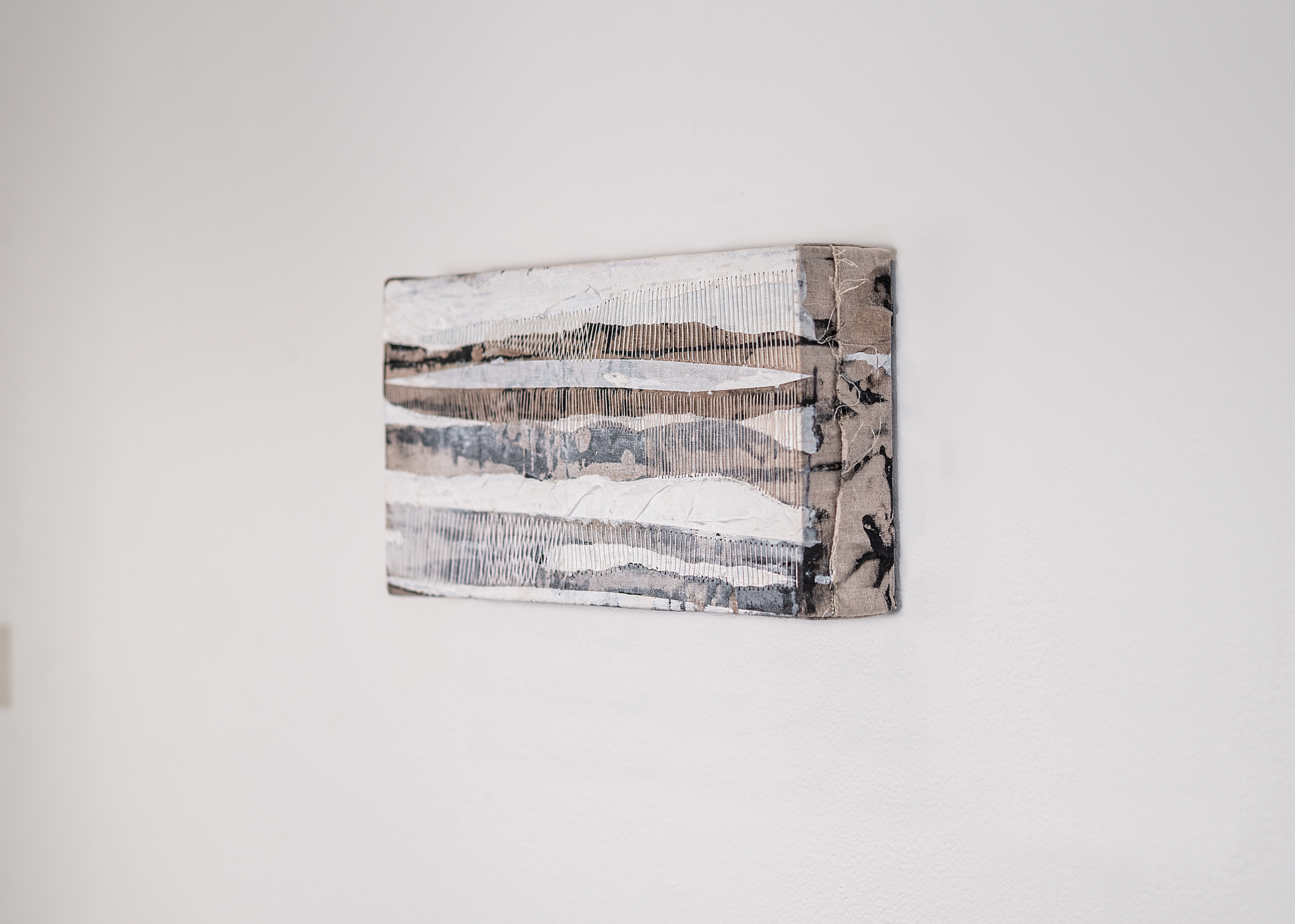 Thickness of the Past | Acrylic, ink, wax on linen, 6" x 10", 2025