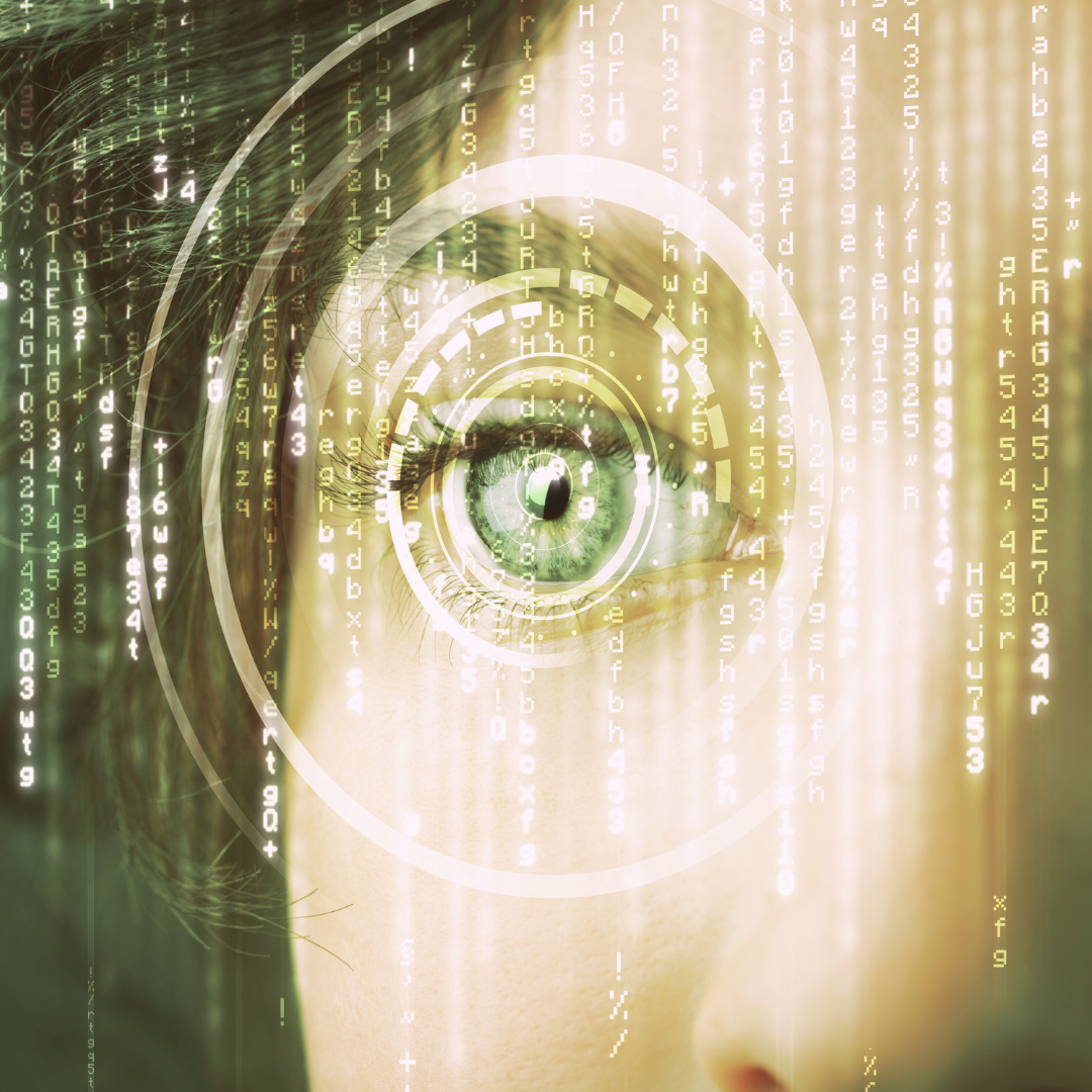 Close-up of a human eye with digital code overlay, symbolizing technology and data privacy.