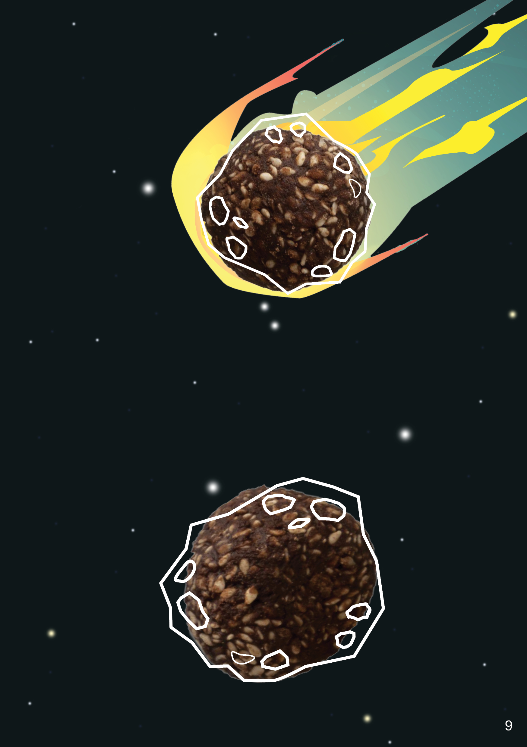 Illustration of two chocolate energy balls in space with a dark background, stars, and a comet. The energy balls have a rough, seed-filled surface.