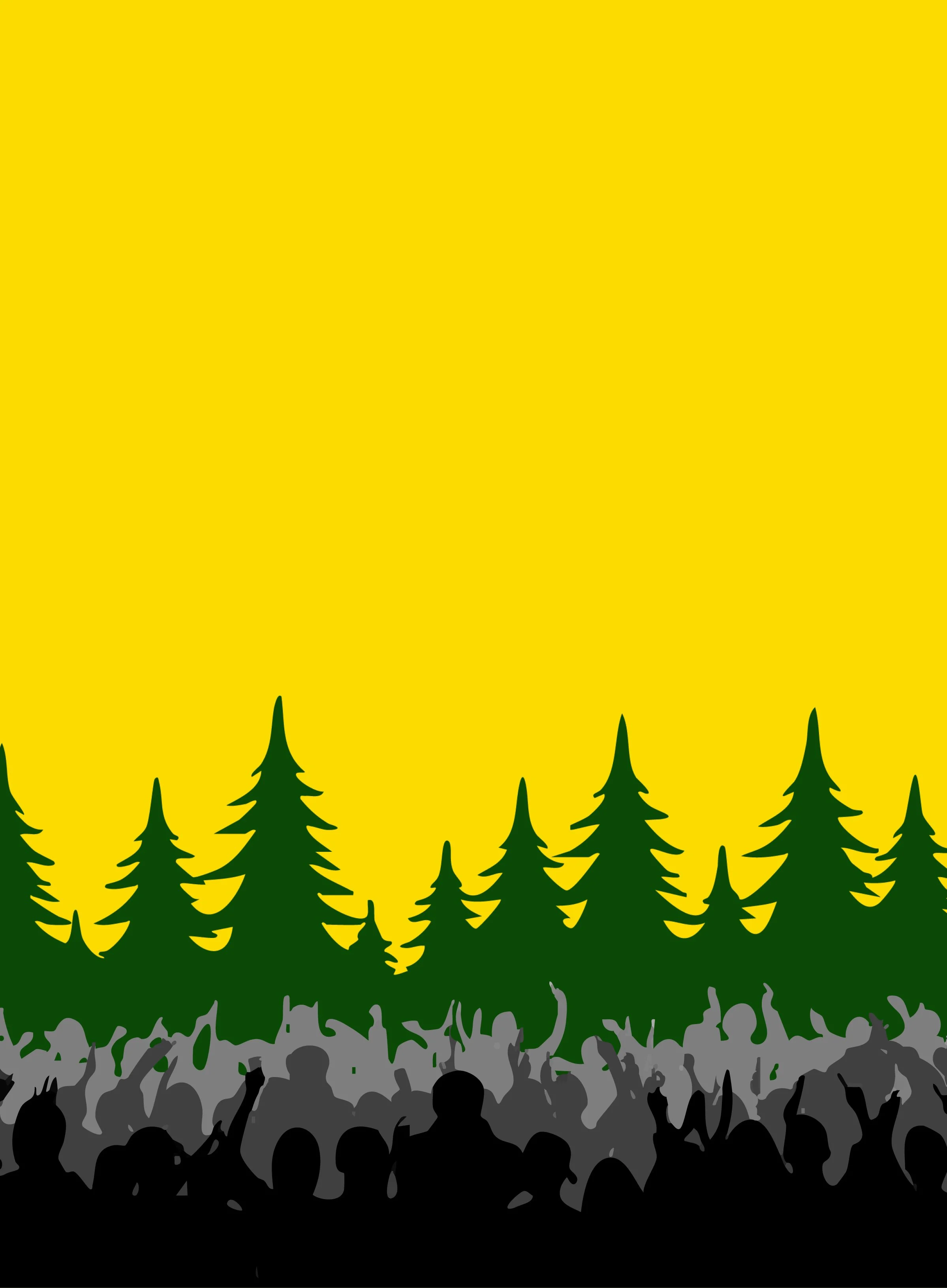 A crowd of people at a concert or festival with a stage backdrop featuring a large yellow section, dark green pine trees, and a dark gray ground.