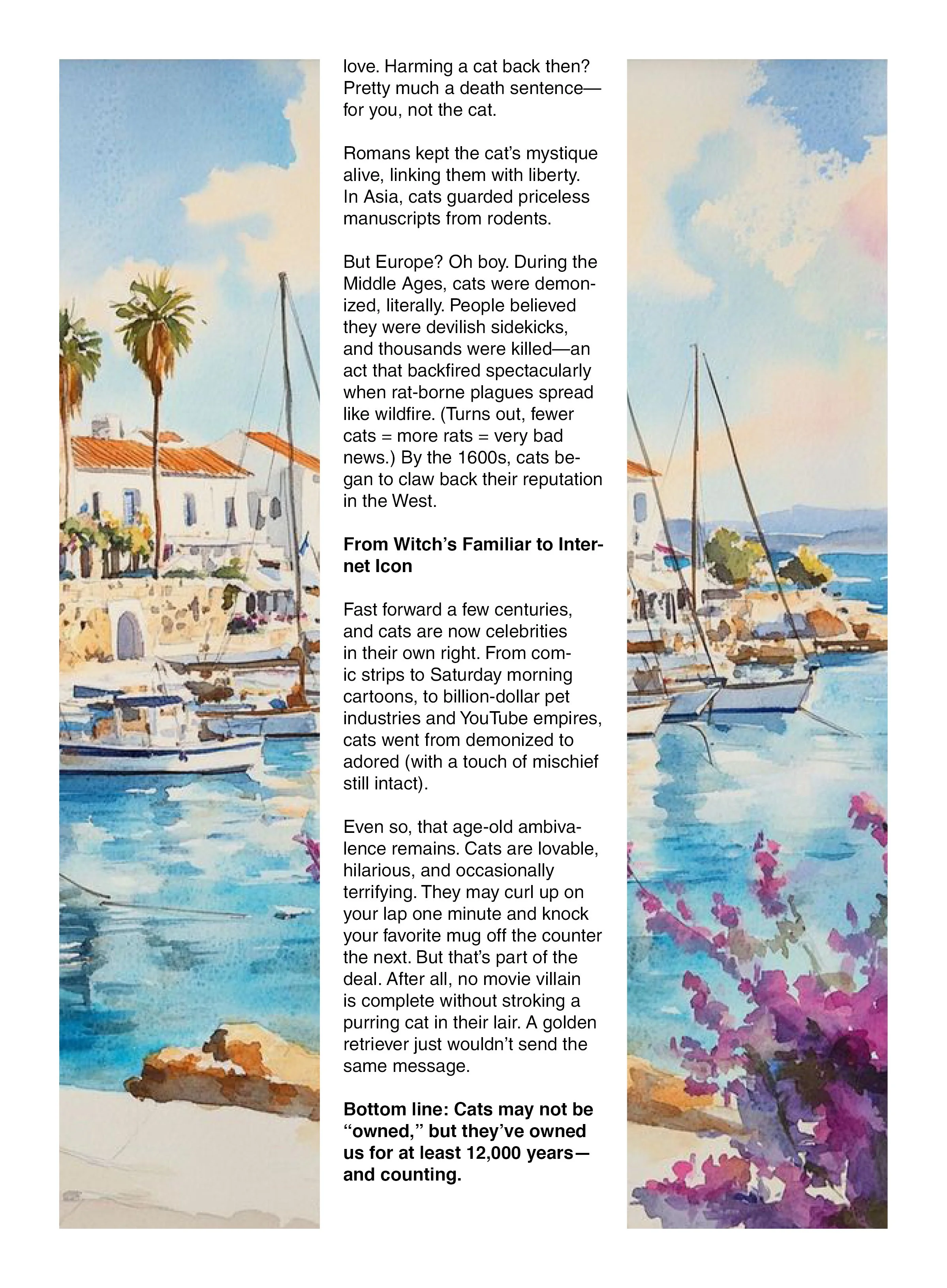 A colorful watercolor painting of a seaside scene with boats, palm trees, buildings with orange roofs, and flowering bushes along the shore, under a blue sky with clouds.