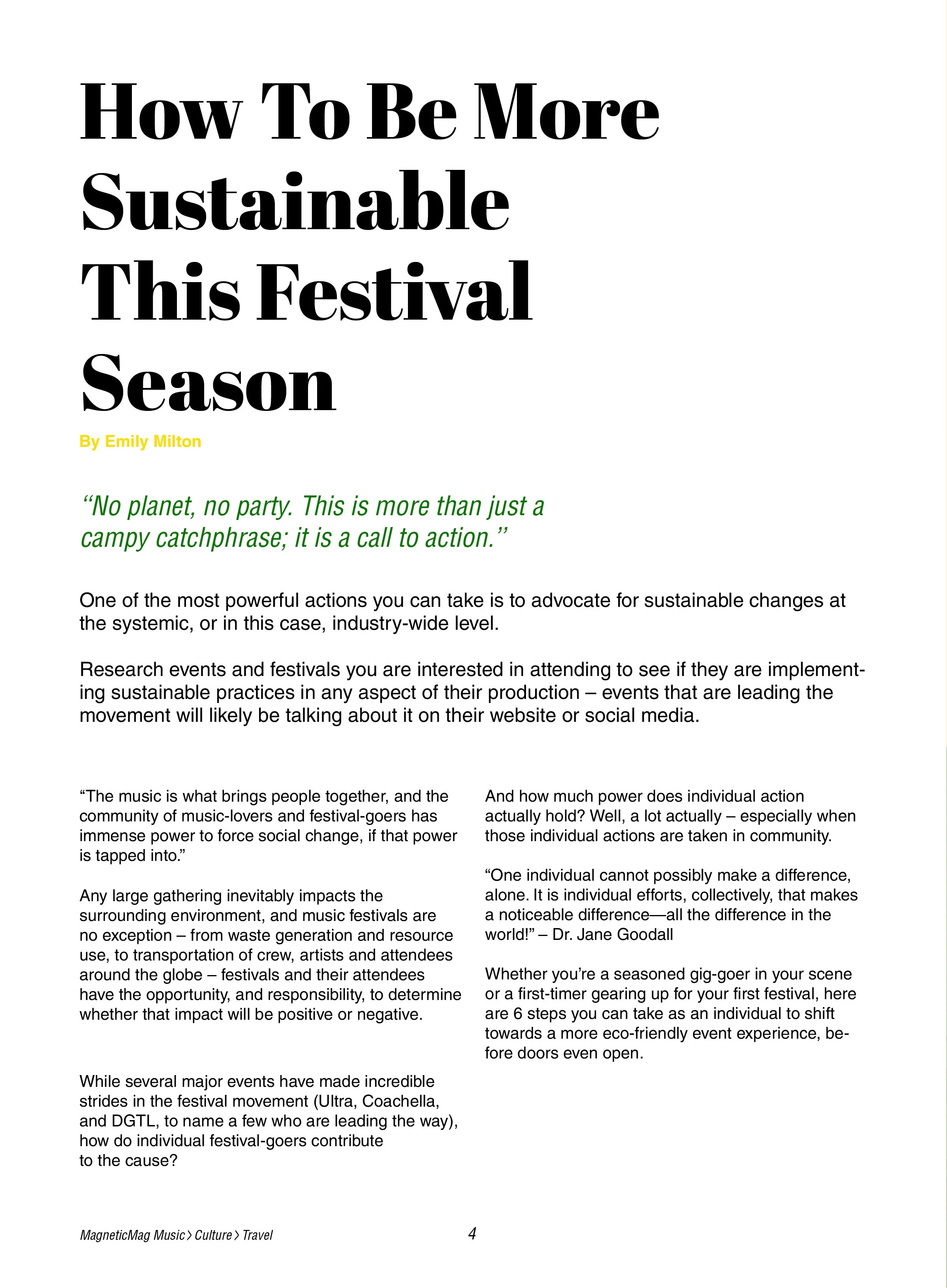 The image shows the title of an article reading, "How To Be More Sustainable This Festival Season" by Emily Milton, with a quote in green italics, and the beginning of the article's text in black, discussing sustainable practices at festivals.