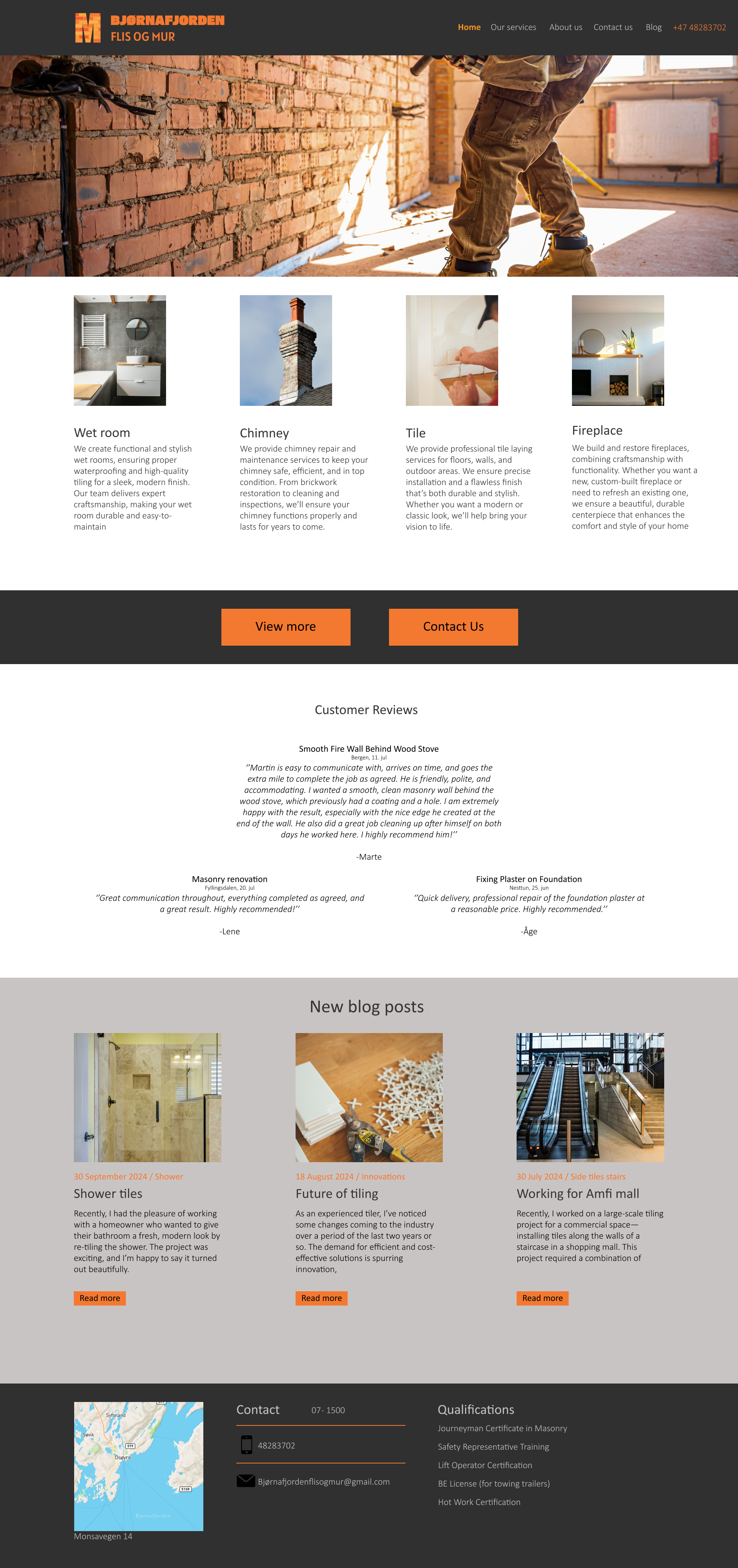 Homepage of a construction and renovation services website featuring images of a brick wall under construction, a bathroom interior, a chimney, tiles, and a fireplace, with navigation menu, contact info, customer reviews, and blog posts.