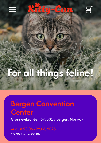 A close-up of a tabby cat lying on grass with blue eyes, in front of a mobile app screen for Kitty-Con, a feline event in Bergen, Norway, in August 2025.