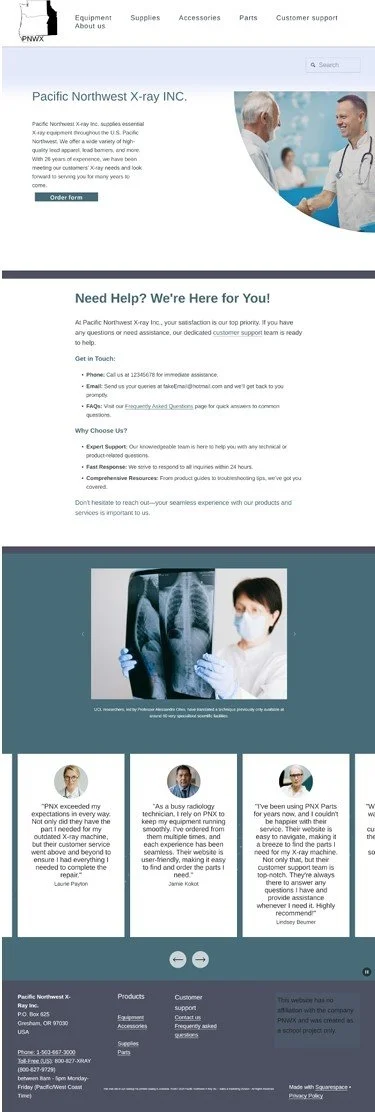 Homepage screenshot of Pacific Northwest X-ray Inc. website showing a doctor and patient, with information on services, contact details, testimonials, and an MRI image.