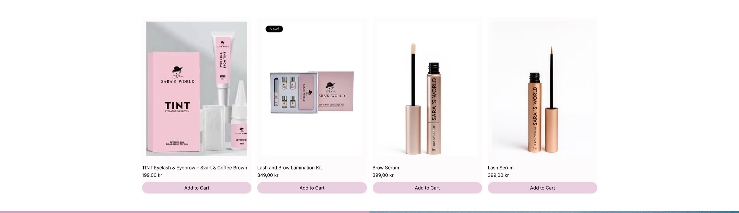 Online store page displaying eyebrow and eyelash products, including tinted eyebrow gel, lamination kit, brow serum, and lash serum, with prices in kroner and "Add to Cart" buttons.