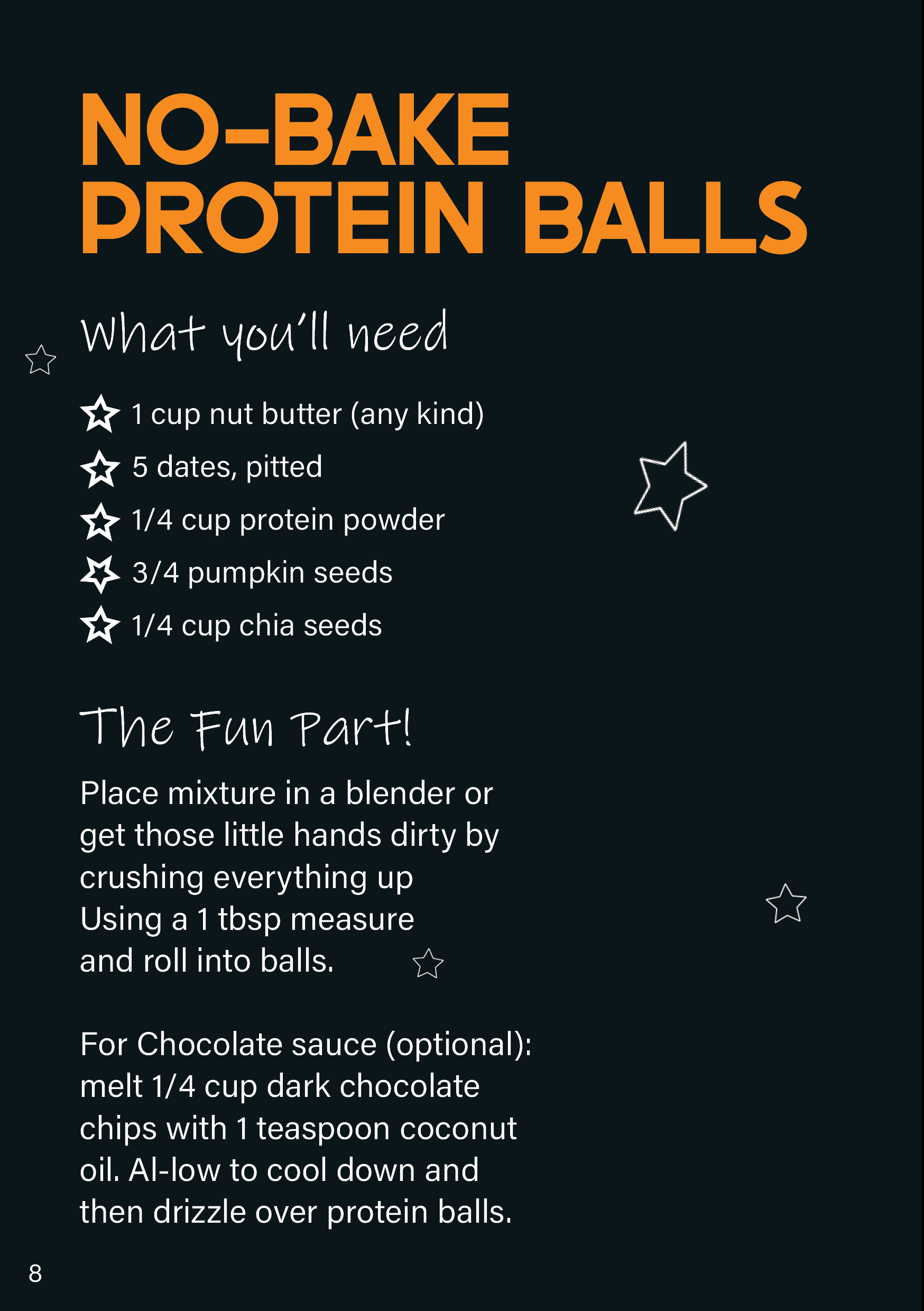 A recipe for no-bake protein balls on a dark background with yellow and white text and star illustrations.