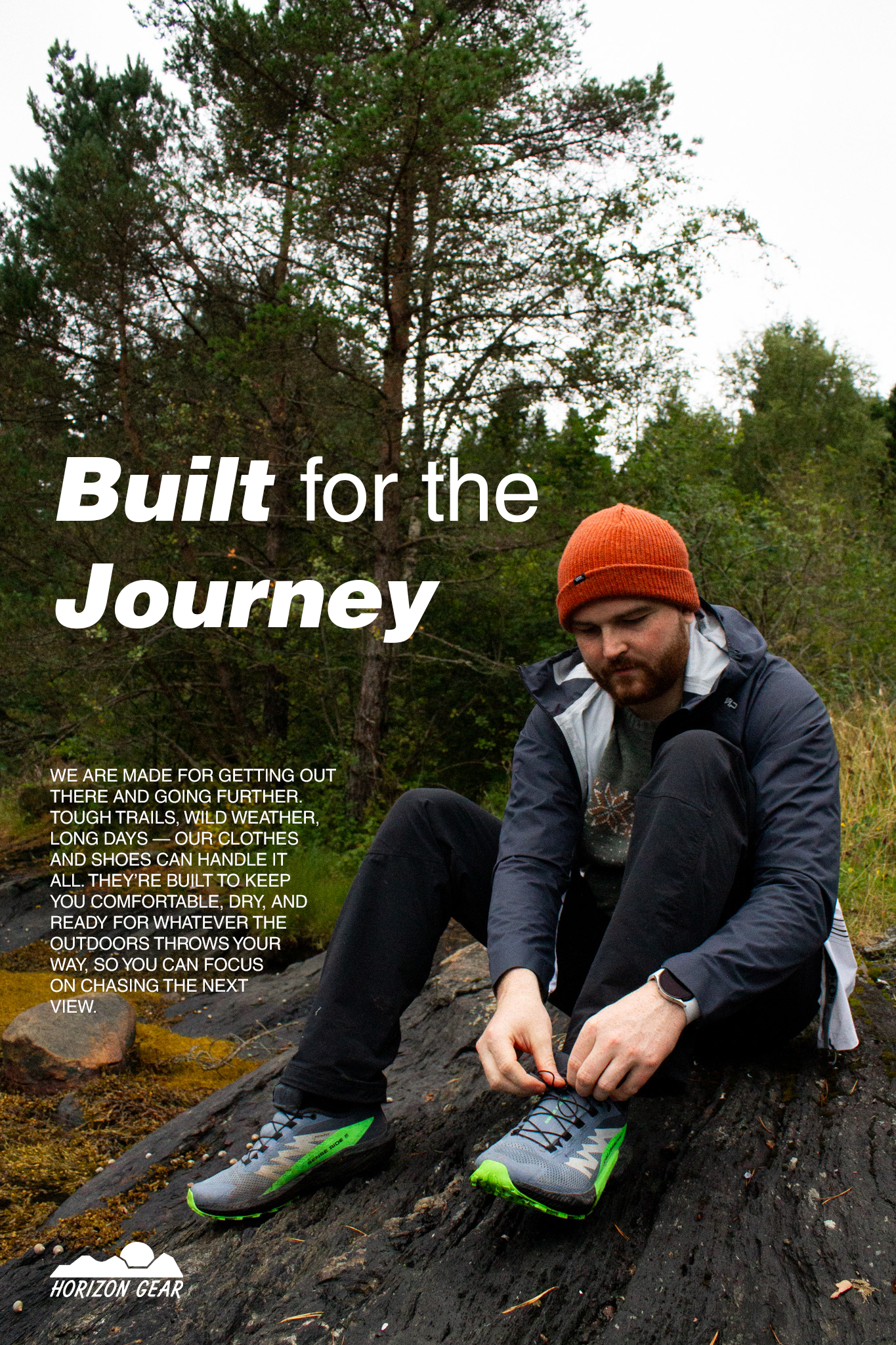 A man sitting on a fallen tree in a forest, tying his shoelaces, wearing outdoor gear including a gray jacket, orange beanie, and hiking shoes, with text promoting outdoor clothing