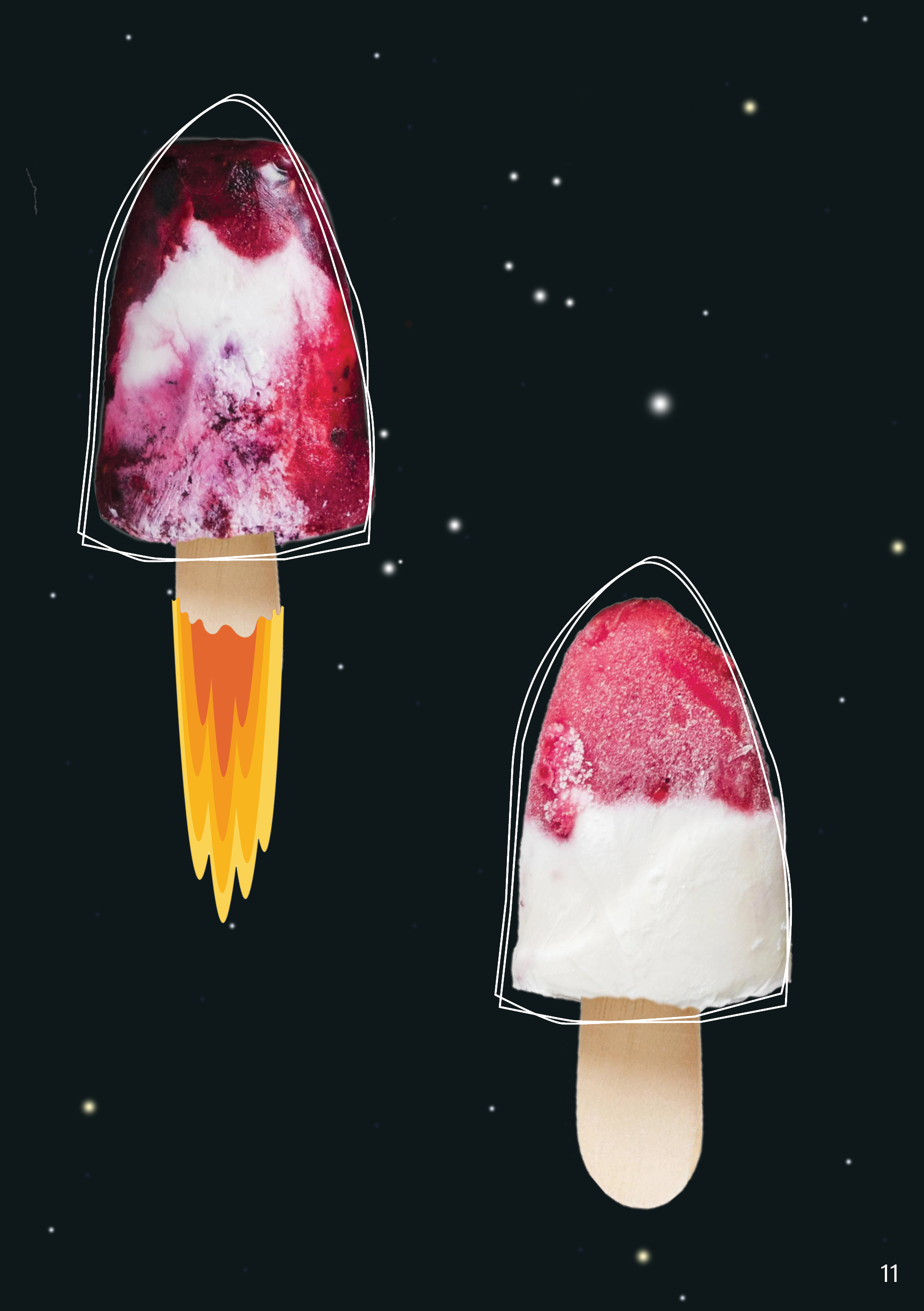 Illustration of two cartoon rockets in space, with ice cream popsicles as the rocket bodies, set against a starry night sky.