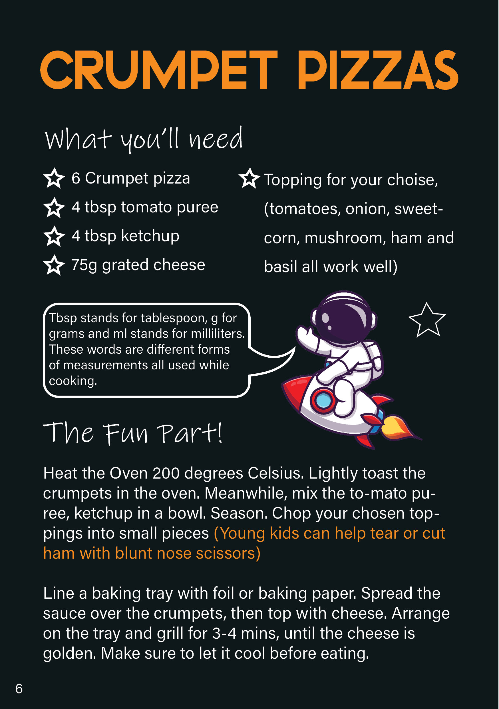 Recipe for Crumpet Pizzas with ingredients list, instructions, and a drawing of an astronaut in space sitting on a rocket.