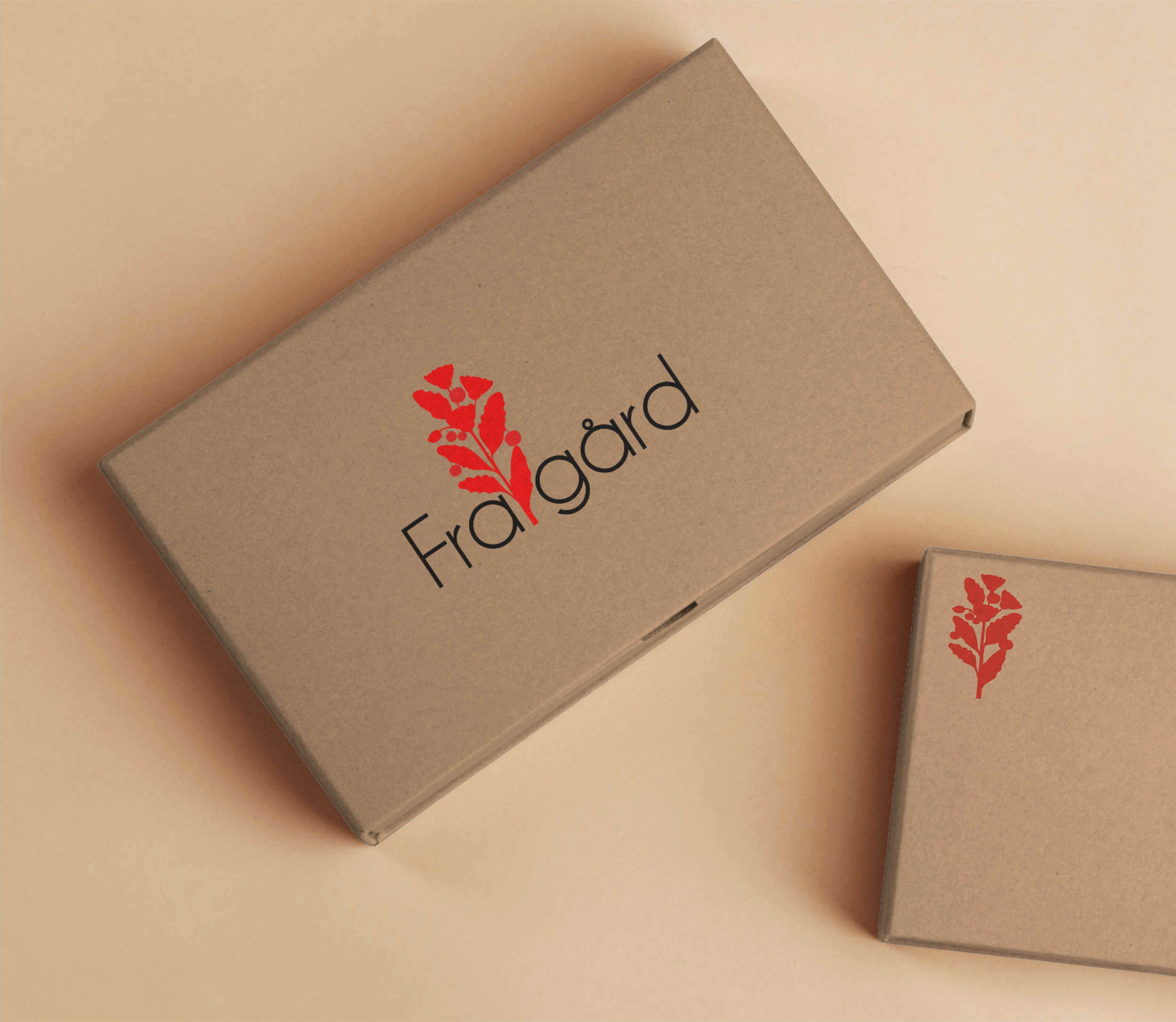 Two cardboard boxes on a beige surface, one large and one small, with the logo and name 'Fragärd' on the large box, featuring a red plant-like graphic