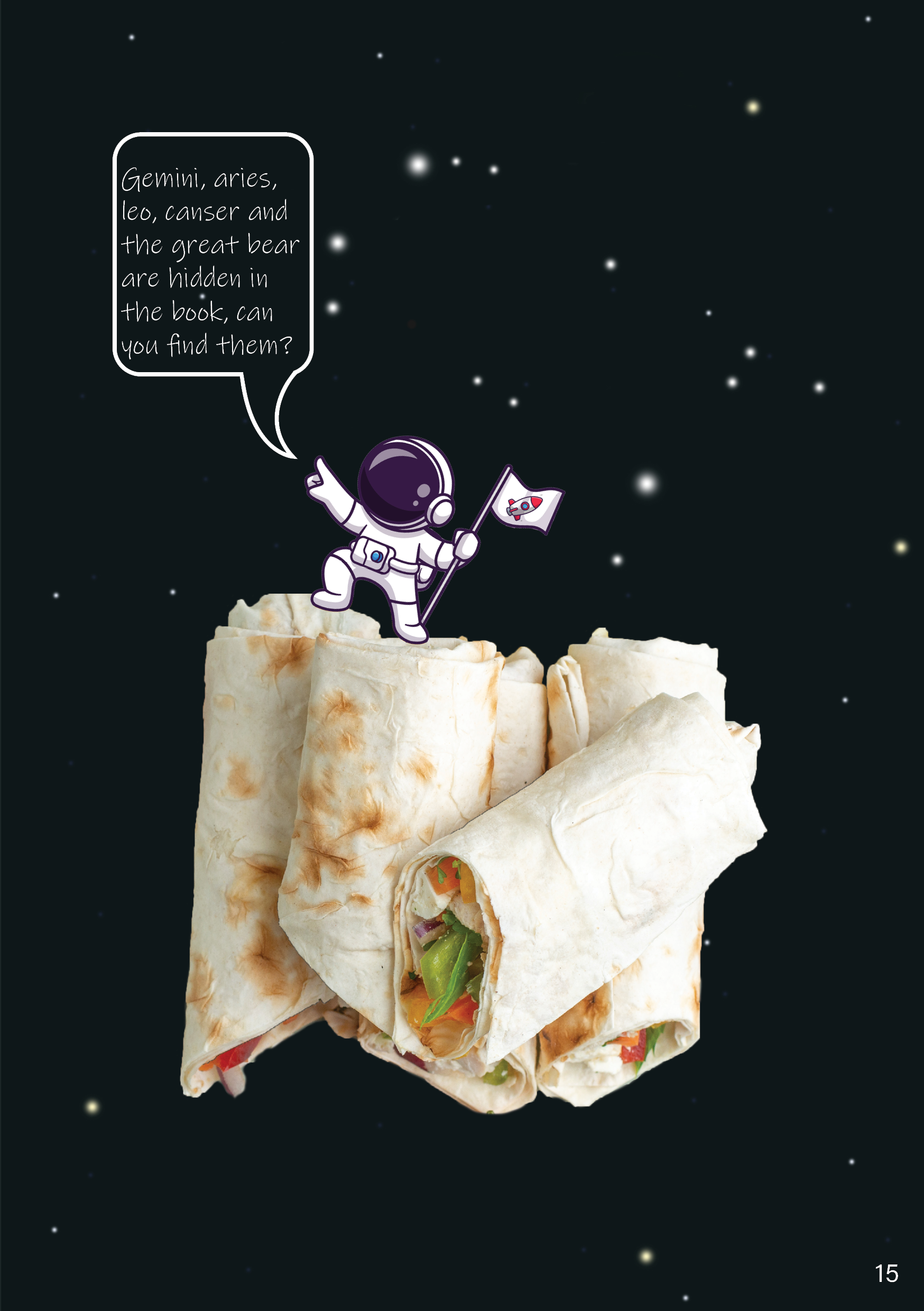 Cartoon astronaut holding a flag and pointing, standing on a burrito floating in space with stars in the background.