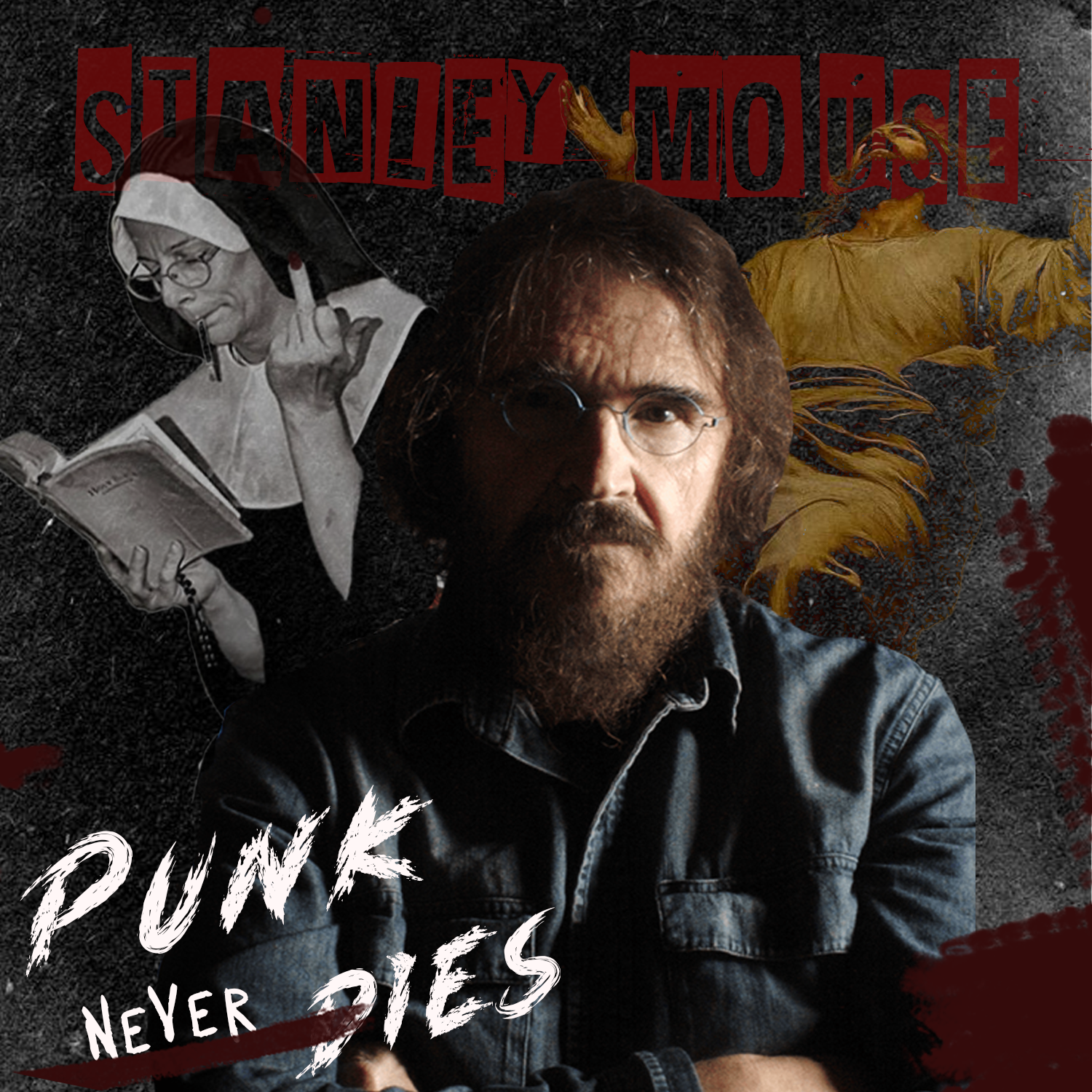 A montage of three figures: a man with a beard and glasses in the foreground, a woman dressed as a nun reading a book and listening to music on headphones on the left, and a woman with colorful makeup and flowing yellow dress dancing or singing on the right, with the words 'Standy Moe' and 'Punk Never Dies' in stylized text, all set against a dark textured background.