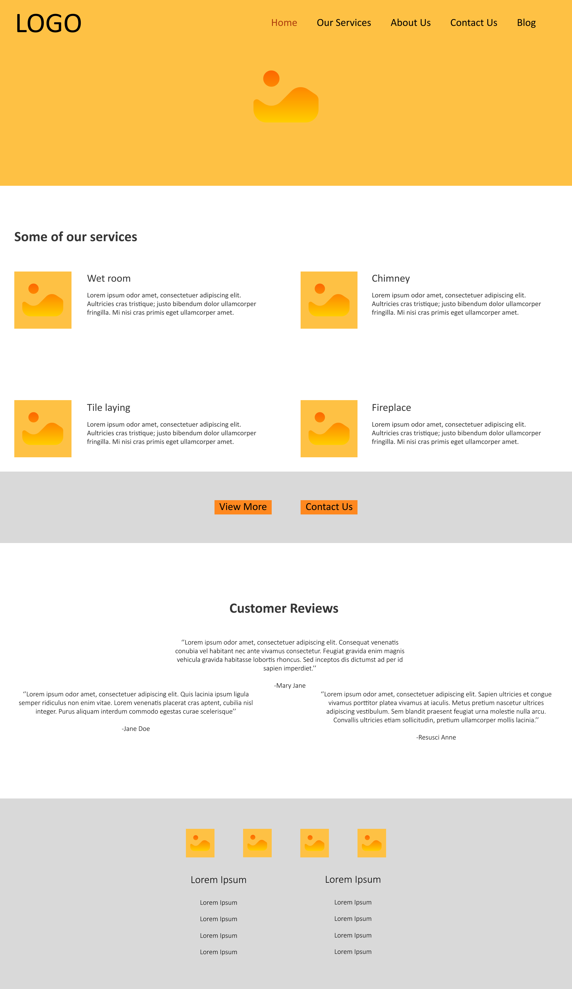 A website homepage with a logo, navigation menu (Home, Our Services, About Us, Contact Us, Blog), and service descriptions including Wet Room, Chimney, Tile Laying, and Fireplace, each accompanied by a placeholder image. The page features call-to-action buttons for 'View More' and 'Contact Us', customer reviews section, and additional service icons at the bottom.