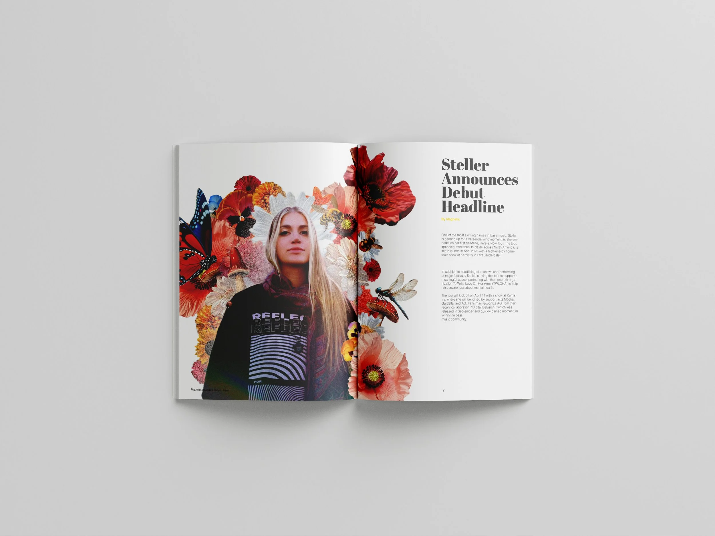 Open magazine featuring an article about a person named Steller announcing a debut headline, with a photograph of a young woman surrounded by colorful flowers, butterflies, and bees.