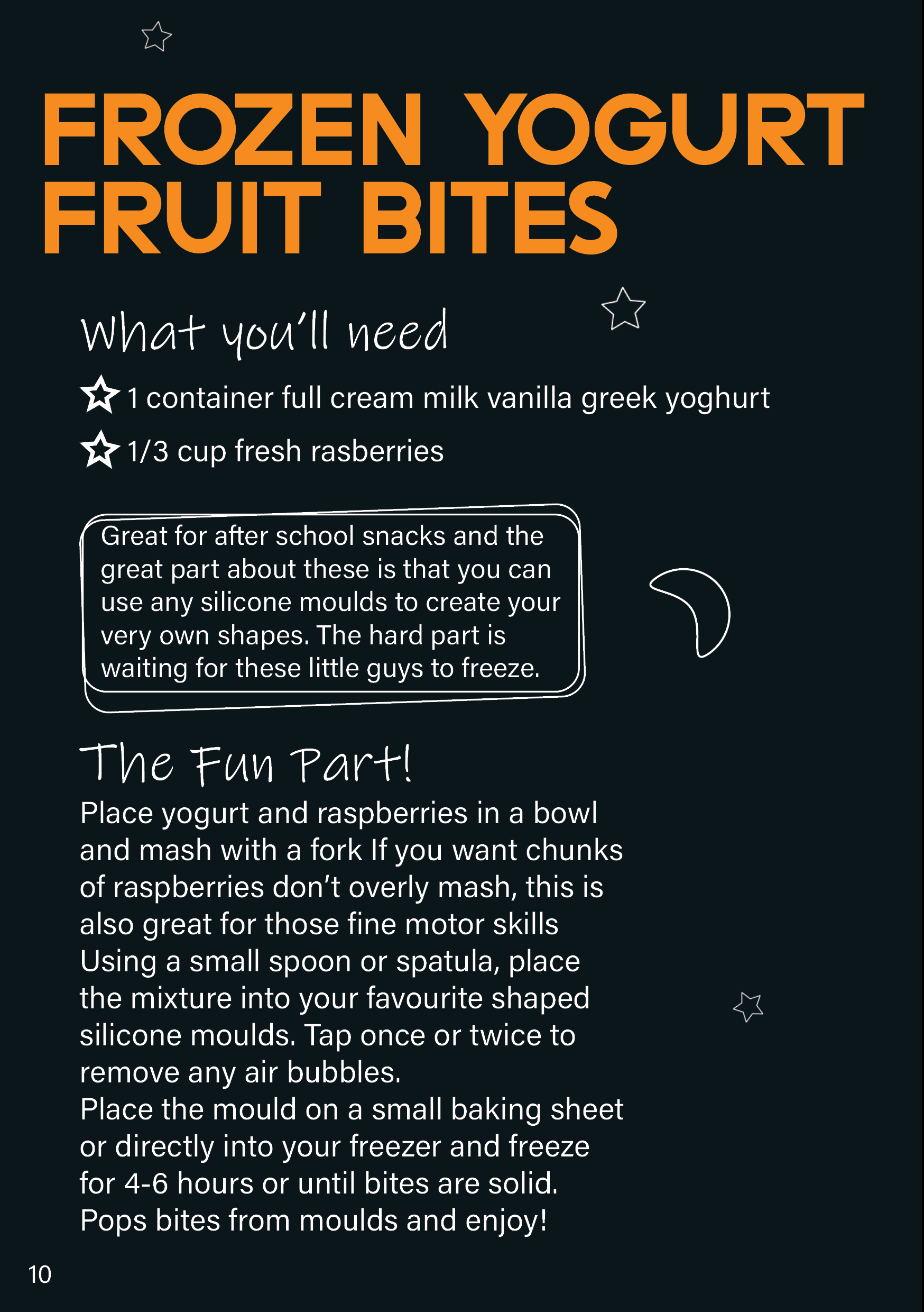 Recipe for frozen yogurt fruit bites on a dark background with decorative stars and moon icons. The recipe includes ingredients and instructions for making frozen yogurt and raspberry bites.