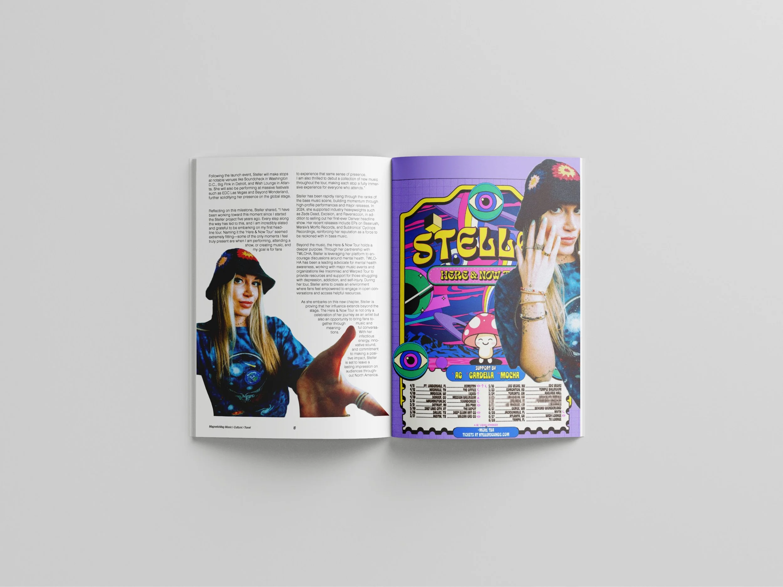 Open magazine with a two-page spread; the left page has text and a photo of a woman in a colorful hat, while the right page features a vibrant poster for an event called 'Stella Here & Now' with a woman wearing jewelry and a knitted hat.