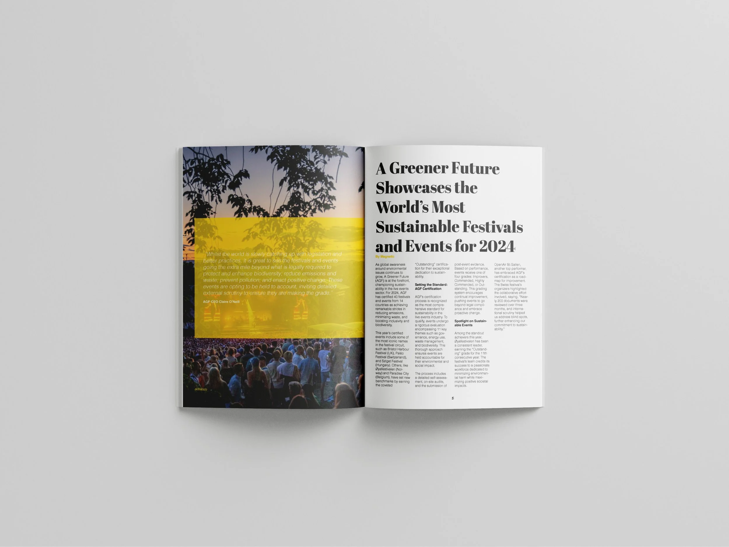 Open magazine with an article titled 'A Greener Future Showcases the World's Most Sustainable Festivals and Events for 2024'. The left page features a large photograph of a crowd at an outdoor festival during sunset, with trees silhouetted against the sky. The right page contains text discussing sustainable festivals and events for 2024.