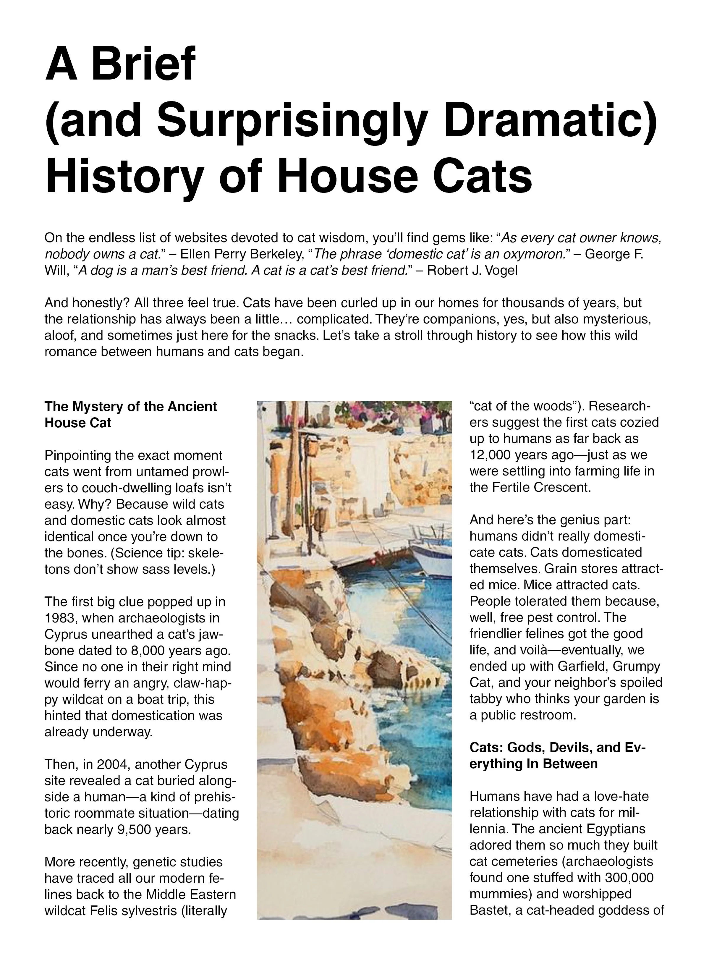 Page of a book or article discussing the history of house cats, featuring a colorful painting of a coastal scene with buildings, a boat, and water.