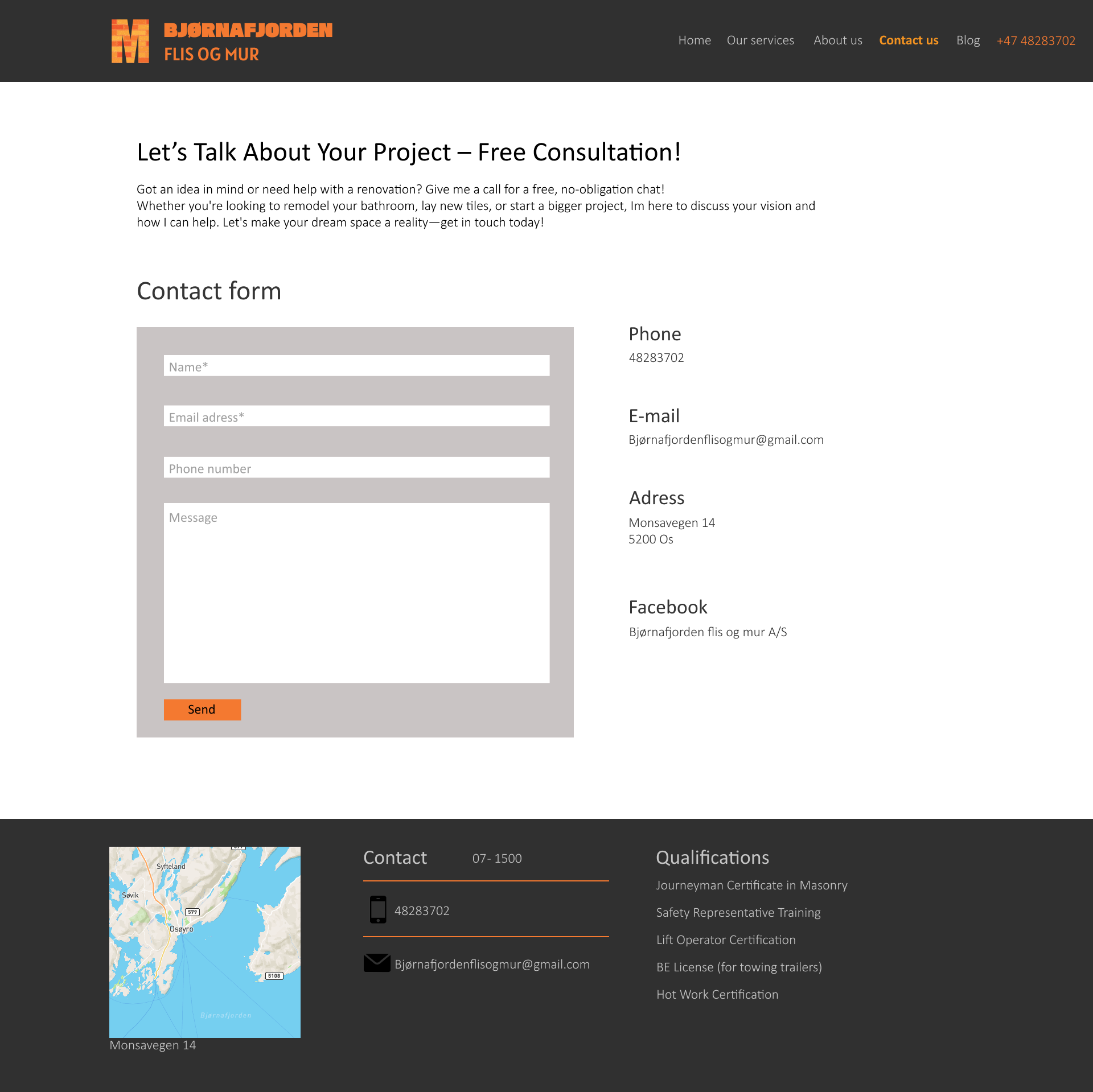 Screenshot of a construction or renovation company's website offering free consultation and contact information, including a contact form, phone number, email, address in Norway, and social media links.
