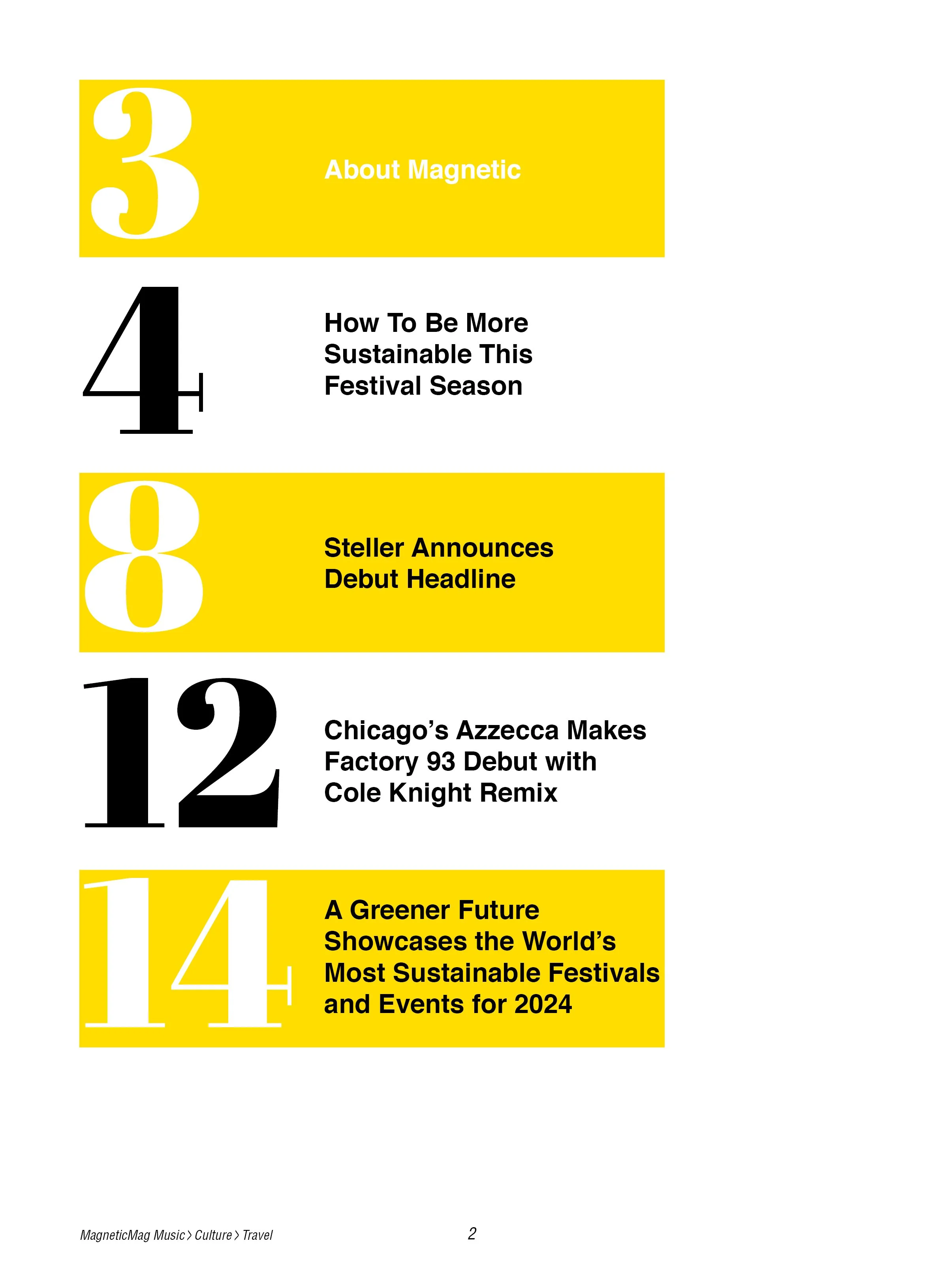 Page from a magazine or program listing 2024 events, featuring topics like sustainability, music festivals, and cultural events, with large yellow and black numbered headings.