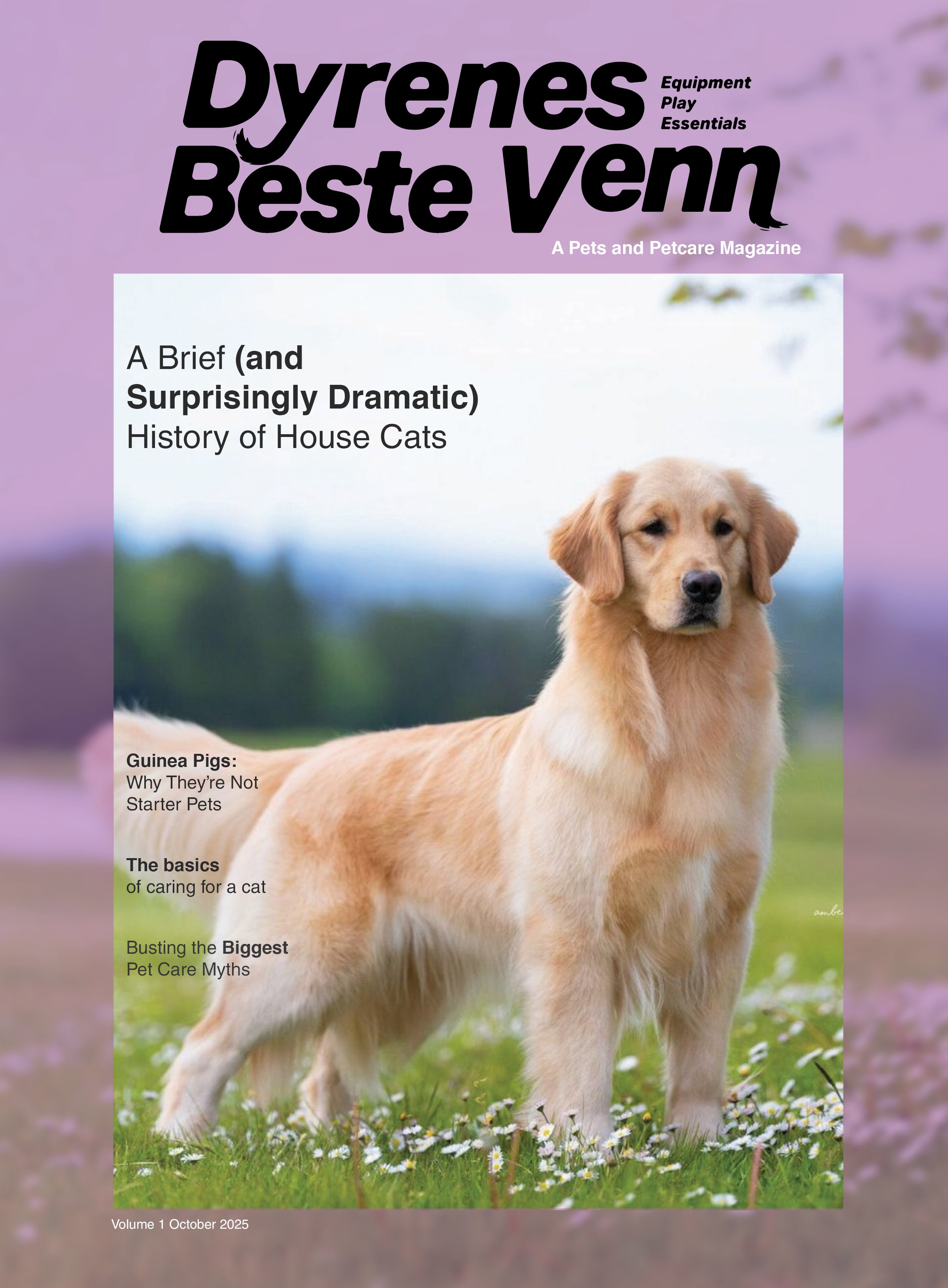 Cover of a magazine titled 'Dyrenes Beste Venn,' with a large photo of a golden retriever dog standing in a grassy field with white flowers and a soft-focus background of trees and sky.
