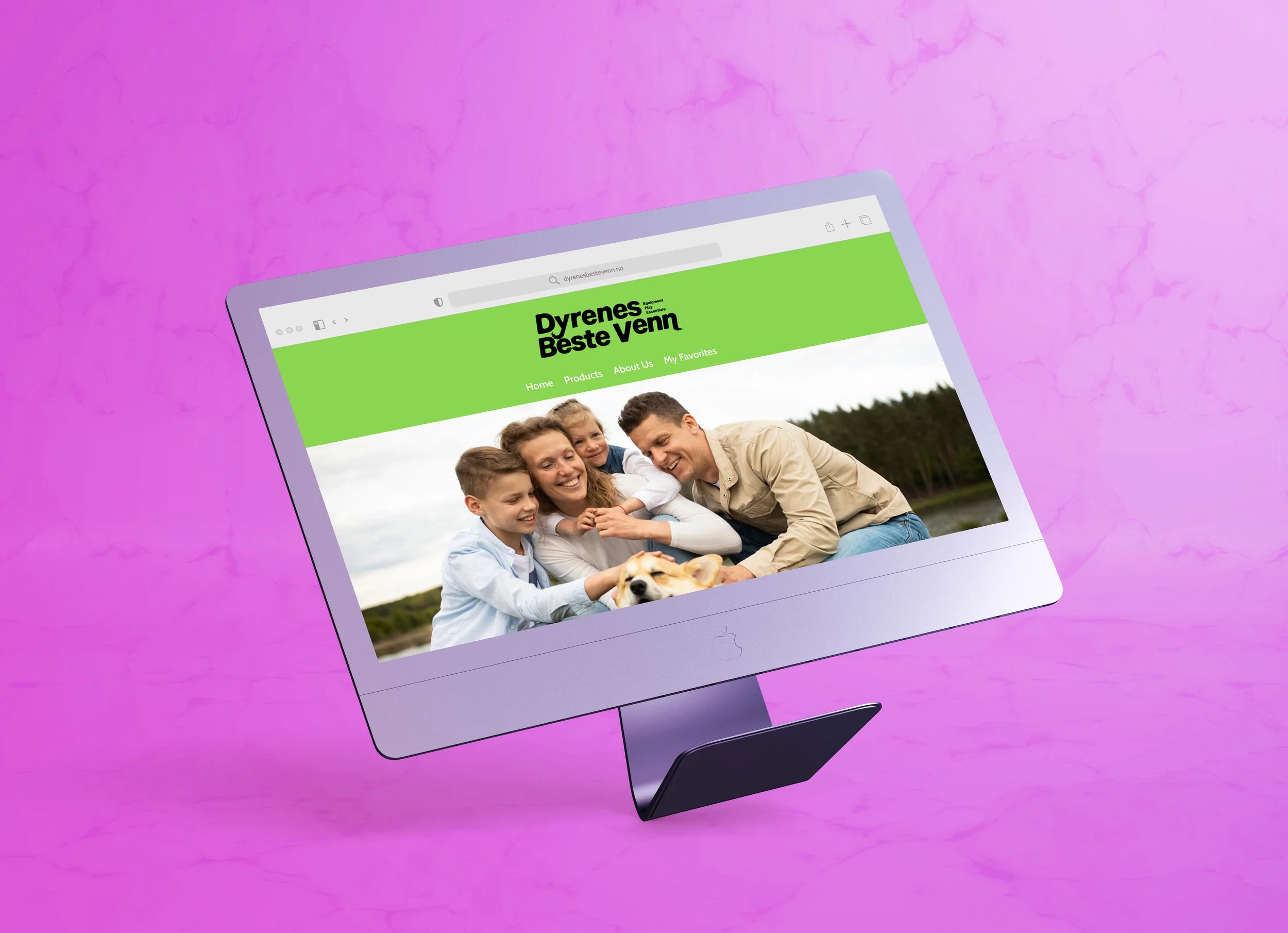 Computer monitor with a website homepage for 'Dyrenes Beste Venn' featuring a happy family outdoors with two children and an adult, and a dog, all smiling and interacting.