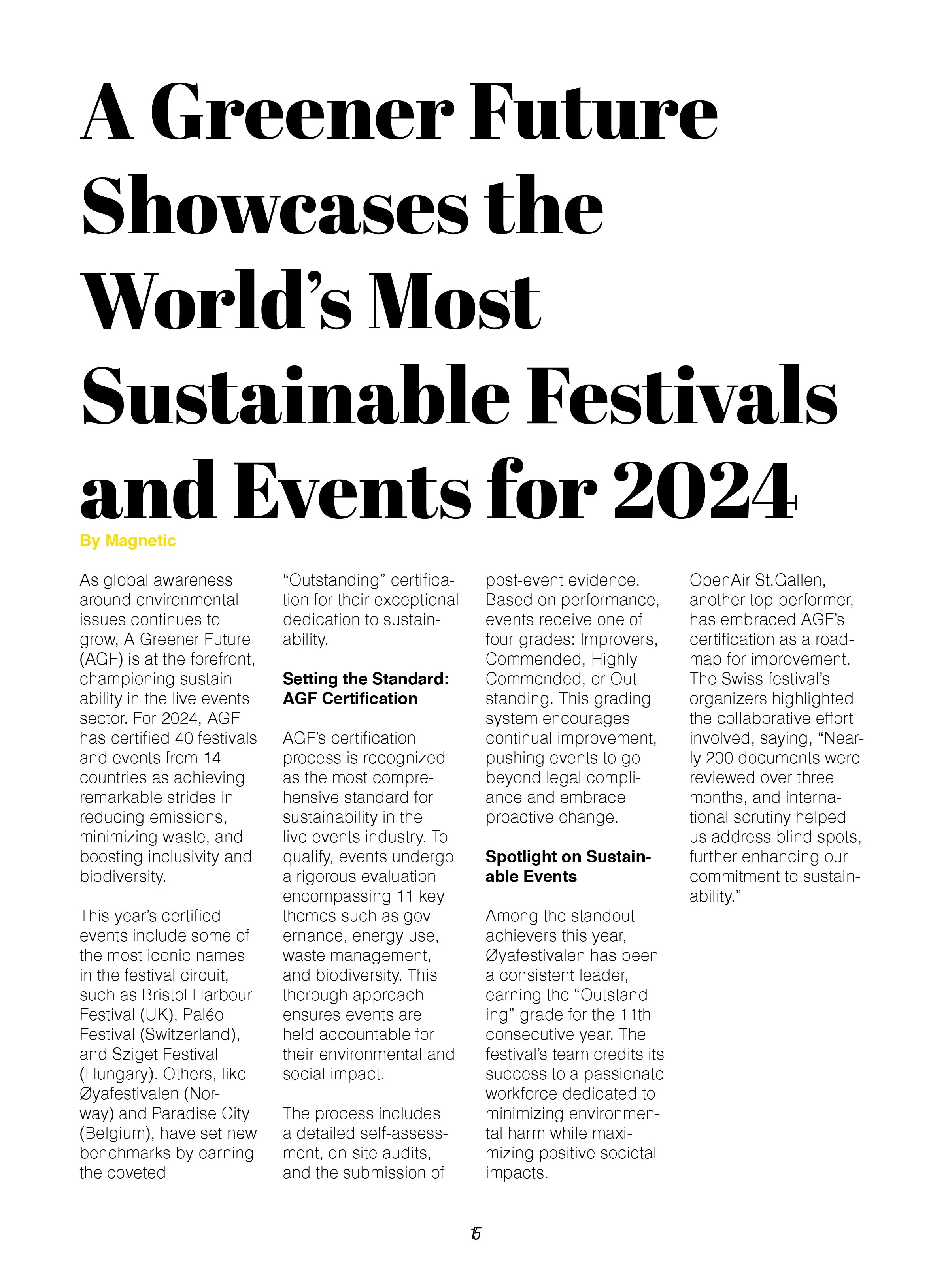 Page of a magazine or document with a bold title: "A Greener Future Showcases the World's Most Sustainable Festivals and Events for 2024" and a subtitle: "By Magnetic" in yellow. The page contains multiple columns of text discussing environmental iss