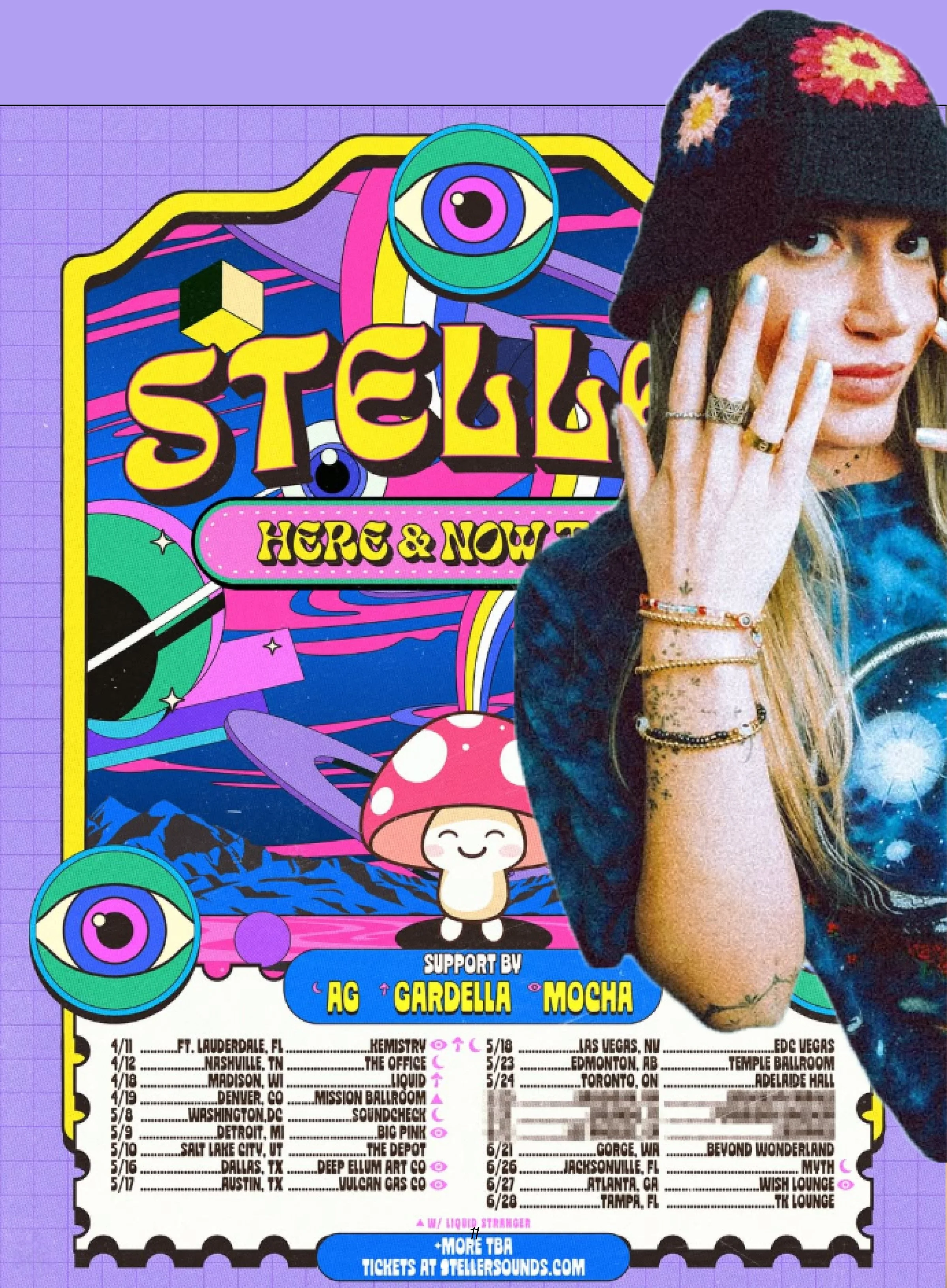 A colorful concert ticket with a psychedelic design, featuring a large eye and a cute mushroom mascot, supporting multiple artists with tour dates listed below.