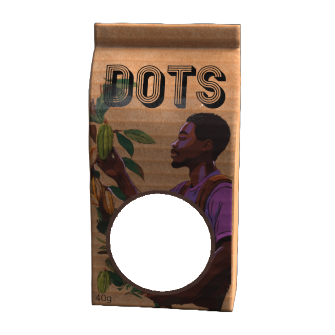 A brown carton of Dots coffee, featuring an illustration of a young man with dark skin and short curly hair, standing near a coffee plant with green leaves and coffee cherries.
