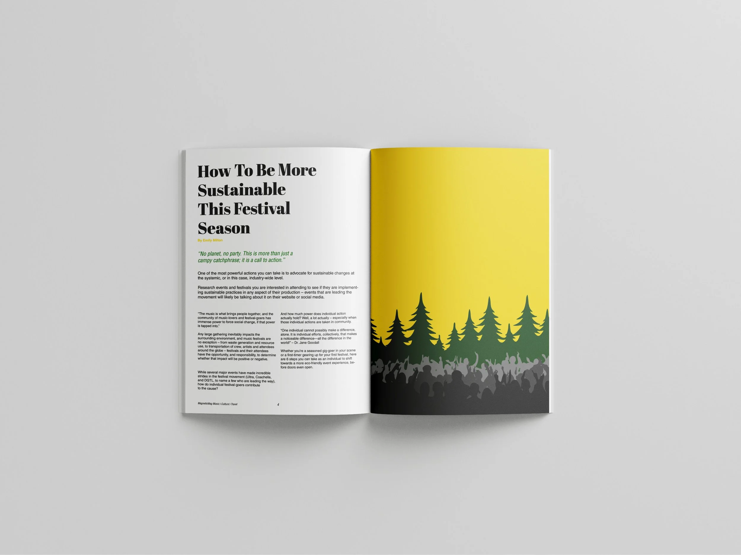 Open magazine with an article titled 'How To Be More Sustainable This Festival Season' on the left page and an illustration of a forest with tall pine trees and a crowd of people at a concert on the right page.