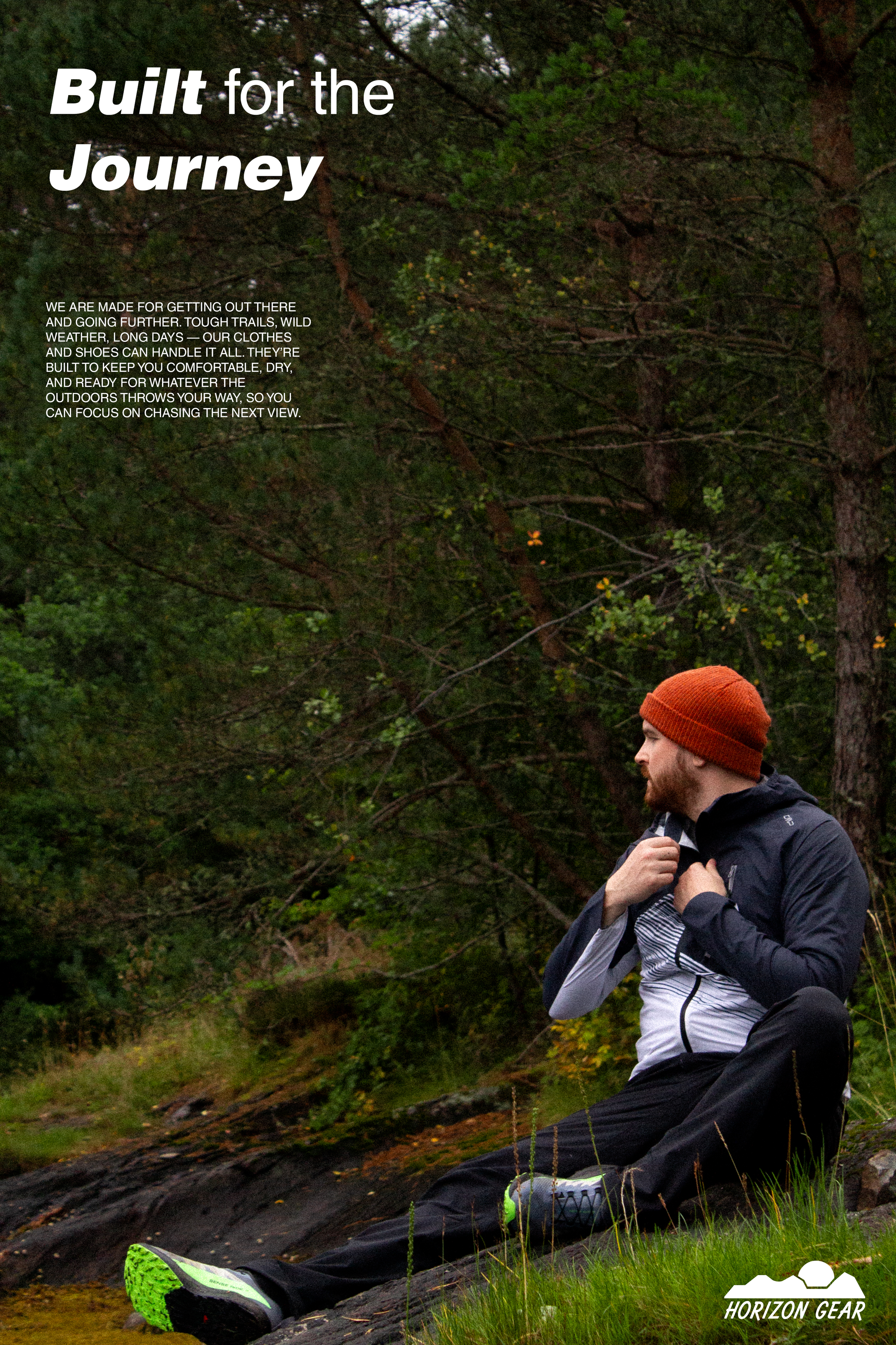 A man wearing a red beanie, black jacket, and athletic pants sitting on a rock in a forest, with trees in the background, likely preparing for outdoor activity.