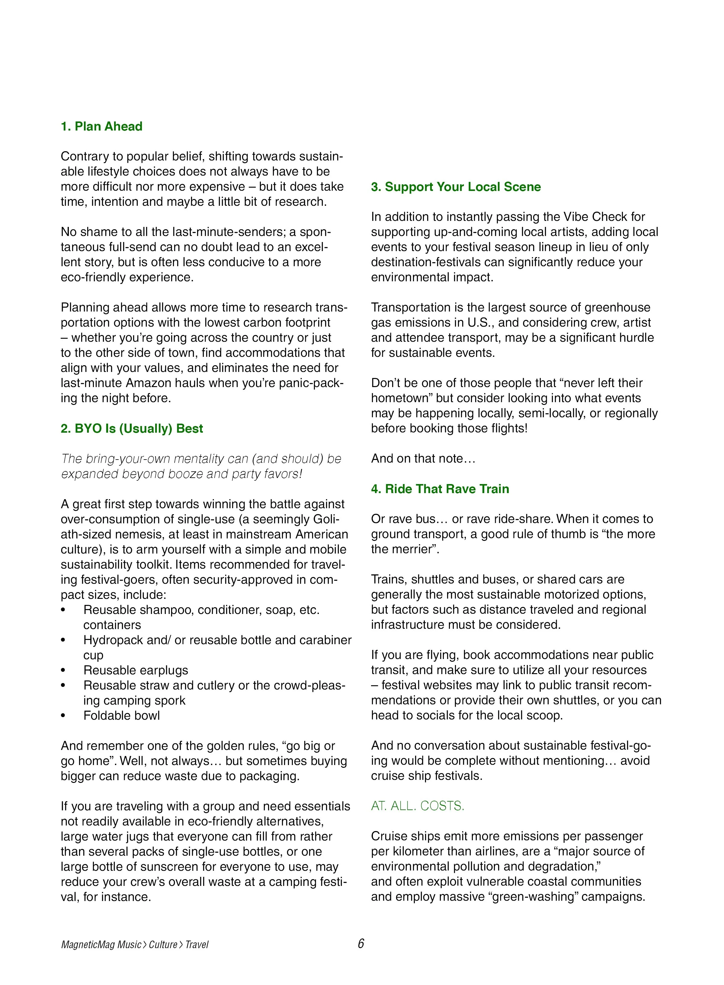Open magazine or newsletter page with text discussing sustainable travel and festival practices, with green bold section headers and a footer indicating source as MagneticMag Music   Culture   Travel.