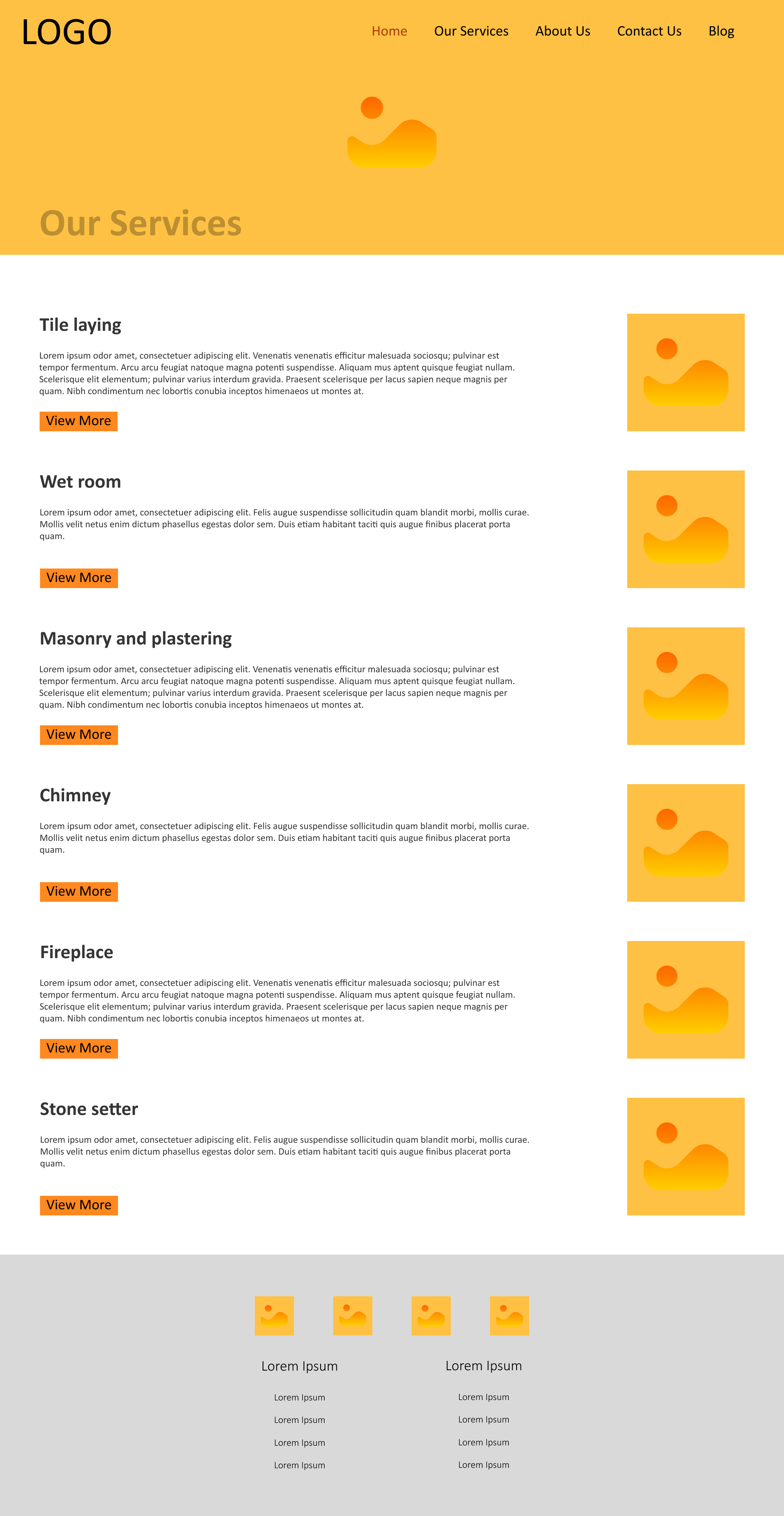 A webpage showing a service website with a yellow-orange theme, including a logo, navigation menu, section headers, placeholder text, and various icons representing services like tile laying, wet room, masonry, plastering, chimney, fireplace, and stone setting.