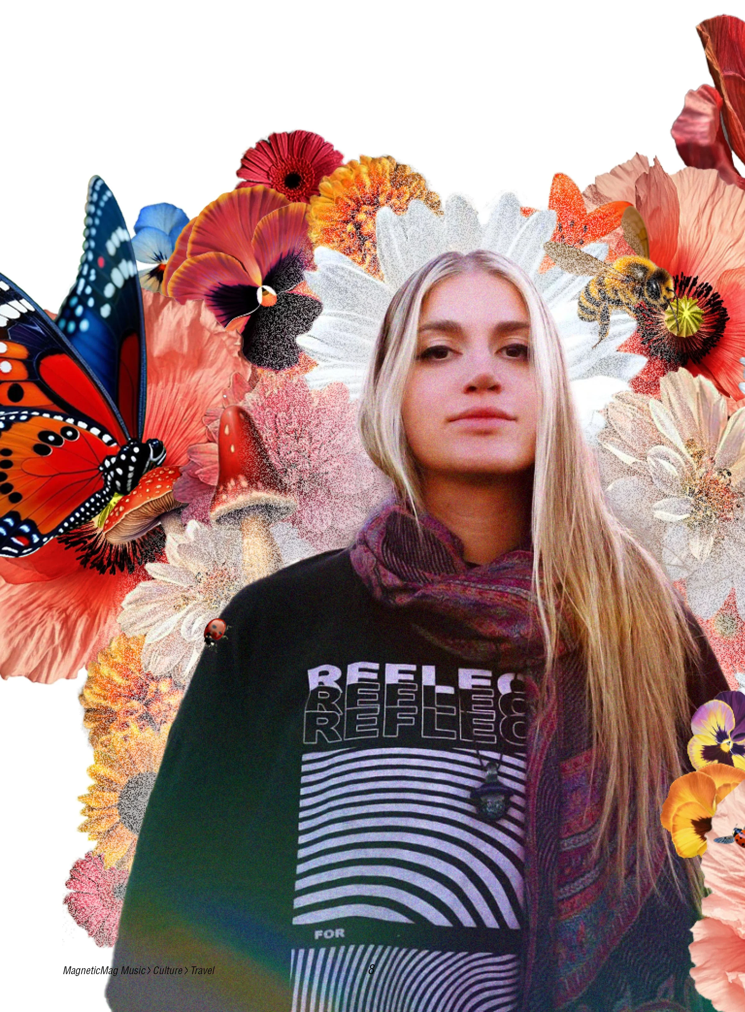 A woman with long blonde hair standing in front of a colorful background of flowers, butterflies, and bees, wearing a shirt with a striped pattern and the word 'REBEL' printed on it.