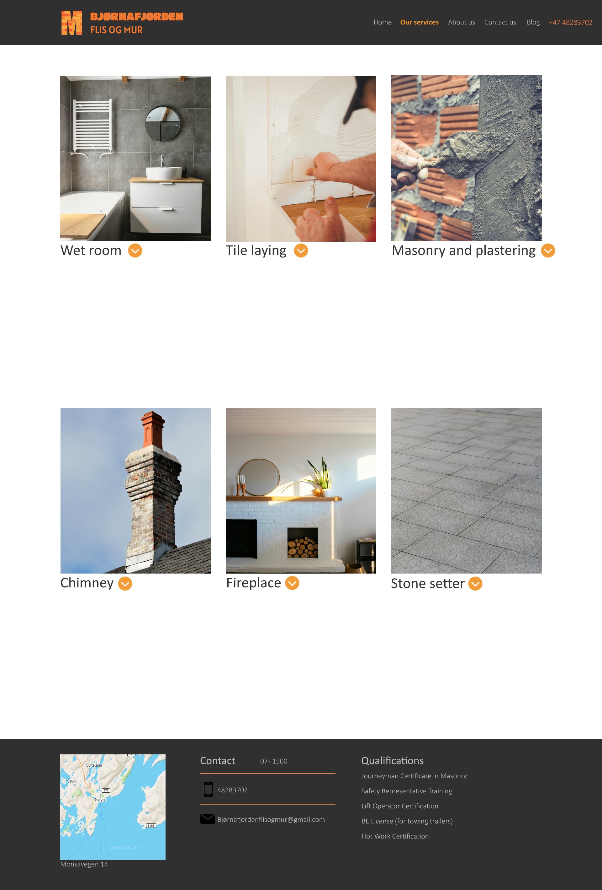 A website homepage of Bjornaf jorden Flis og Mur showing images of bathroom tiling, chimney, fireplace, and stone setting services with contact information and qualifications listed at the bottom.