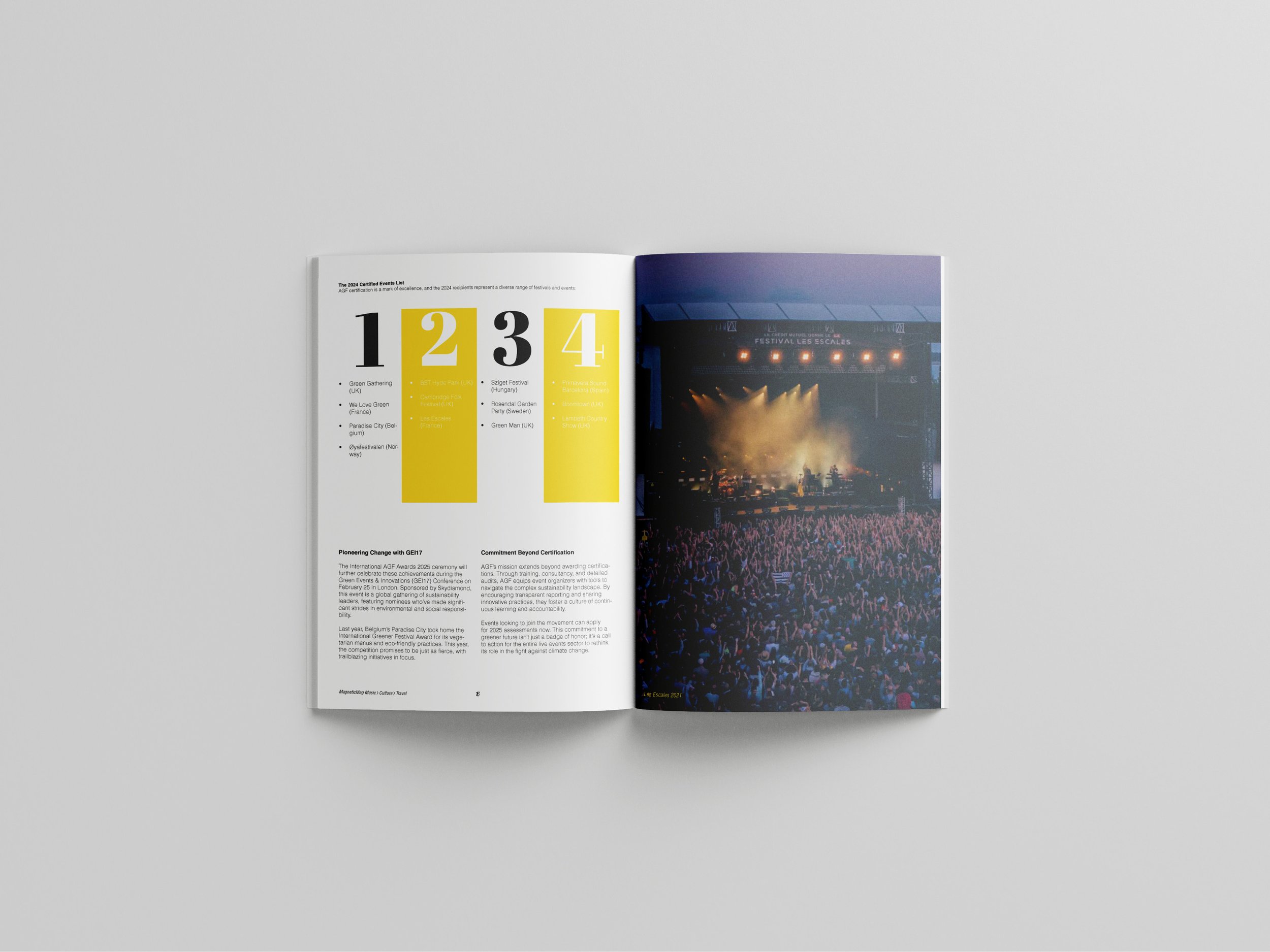 Open magazine with pages showing event list and a photo of a concert stage with smoke and a crowd at night.