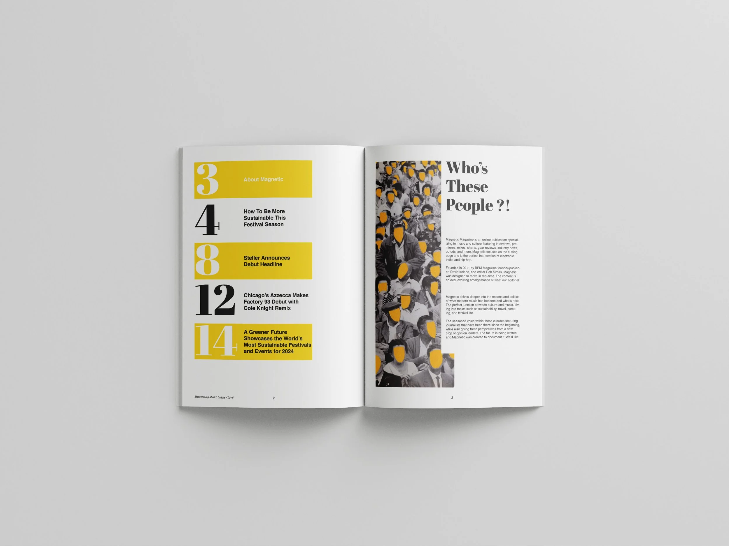 Open magazine placed on a plain gray surface, showing a table of contents page on the left with dates and headlines in black, yellow, and white, and an article page titled "Who's These People?!" with black and white photo of a crowd with faces highlighted in orange on the right.