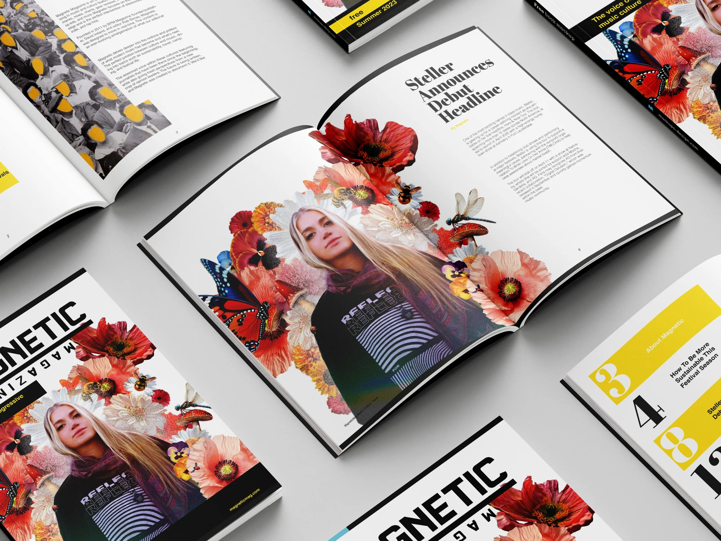 Open magazine pages arranged on a gray surface, featuring a young woman with long blonde hair, surrounded by flowers, butterflies, and insects, with headlines and articles about magazine announcements and culture.