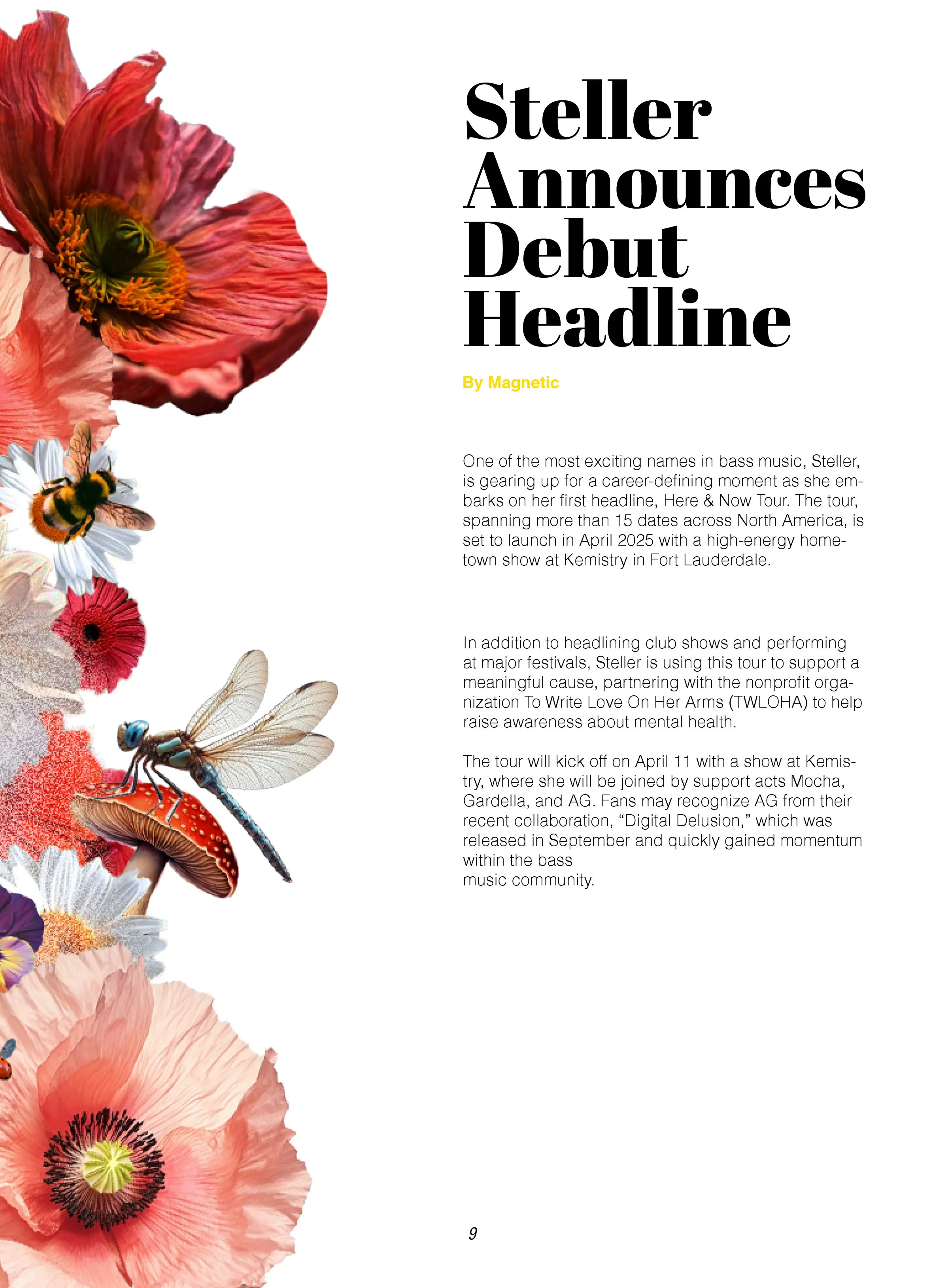 Page from a magazine or brochure with a large pink flower and a bee illustration on the left, and black and yellow text on a white background on the right side.
