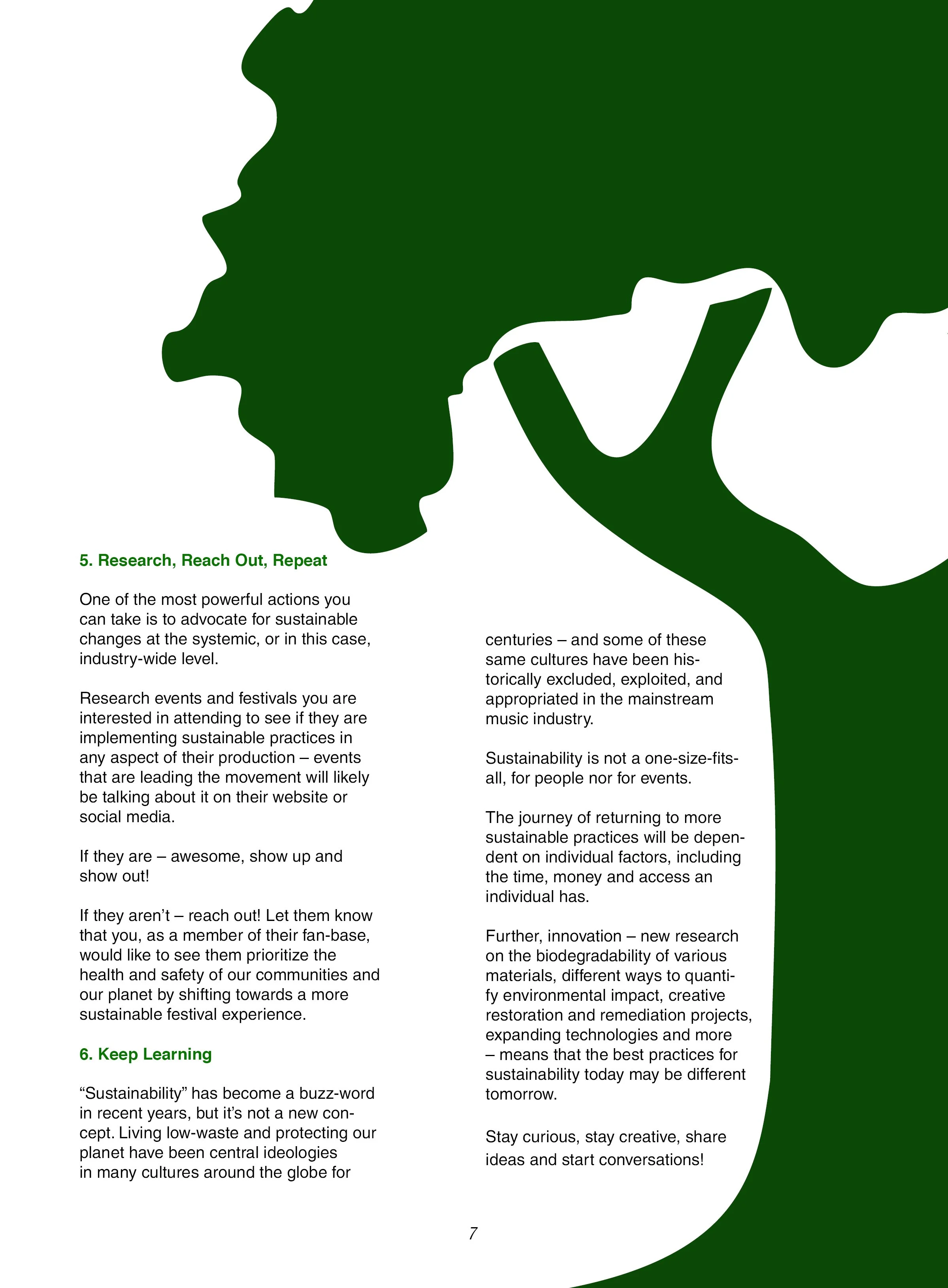 Page from a book or report with green decorative border, titled '6. Keep Learning'. The text discusses sustainability, environmental impact, and innovation in the context of cultural practices and industry, including references to research, festivals