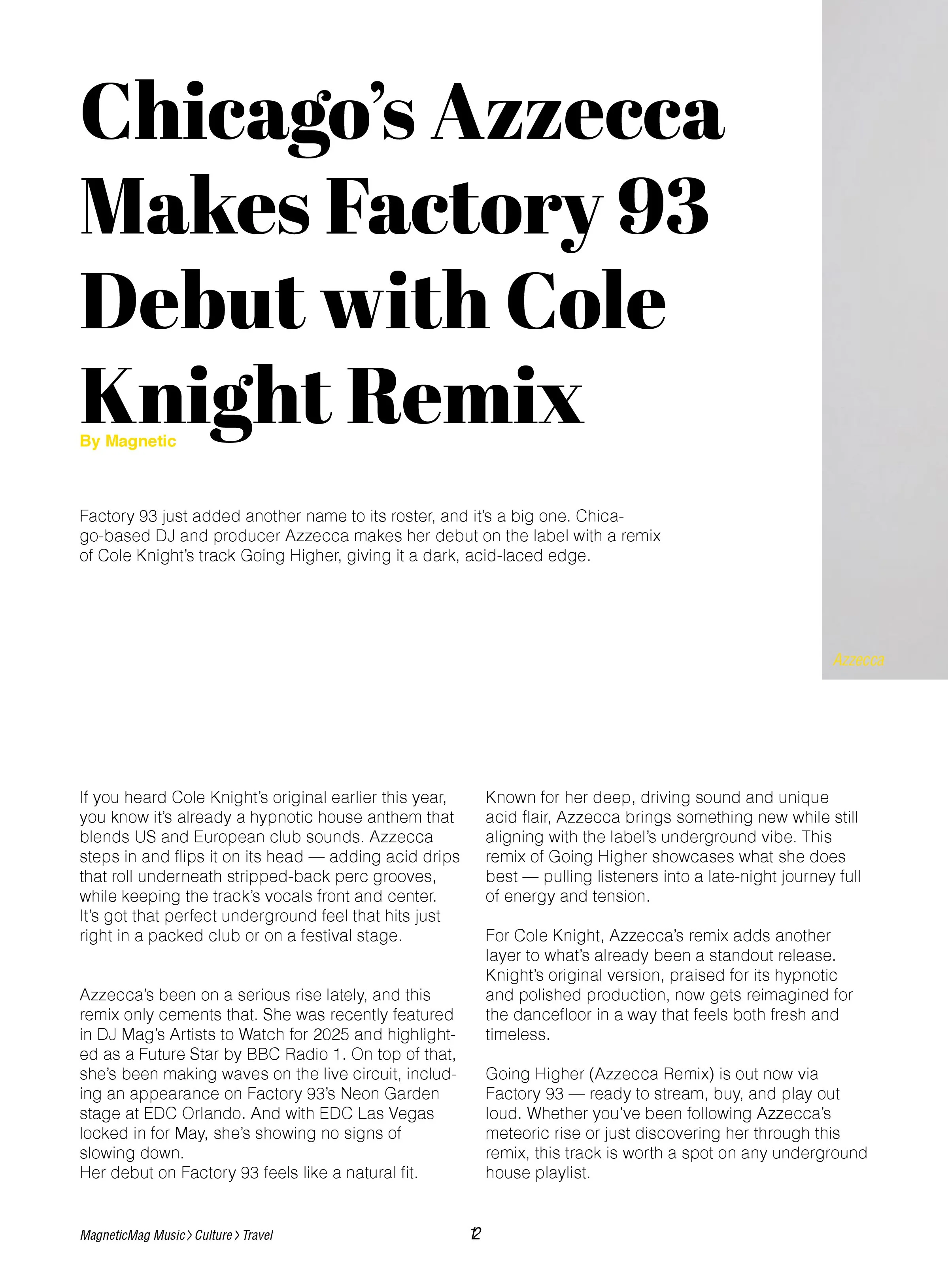 A magazine article page with a title about Chicago's Azzeca making Factory 93 debut with Cole Knight remix. The page contains multiple columns of text discussing the music release, Azzeca's rise, and her debut at Factory 93, along with a small yellow