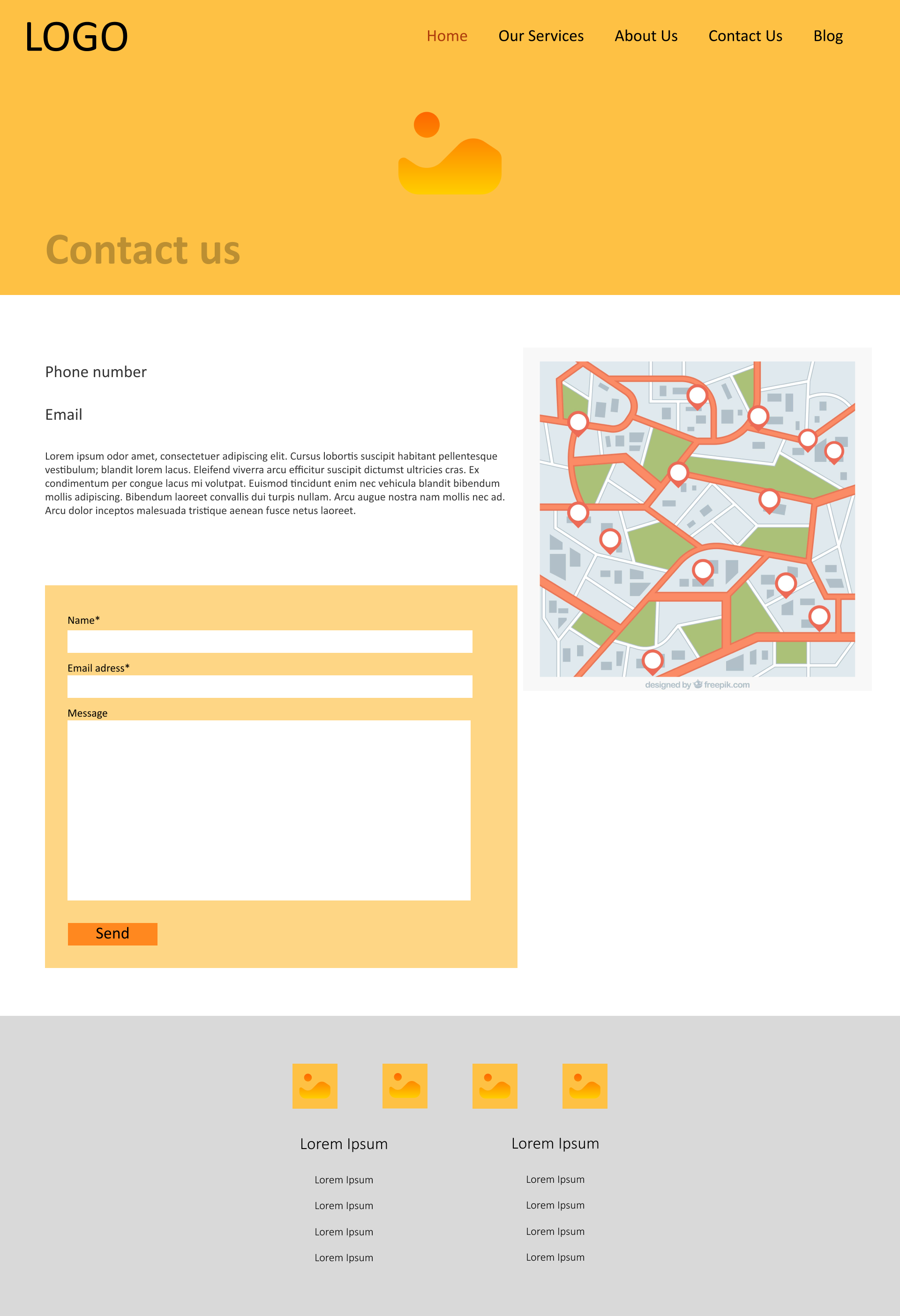 Contact us webpage featuring a map on the right, contact form on the left, section titles, navigation menu at the top, and placeholder footer icons and text.