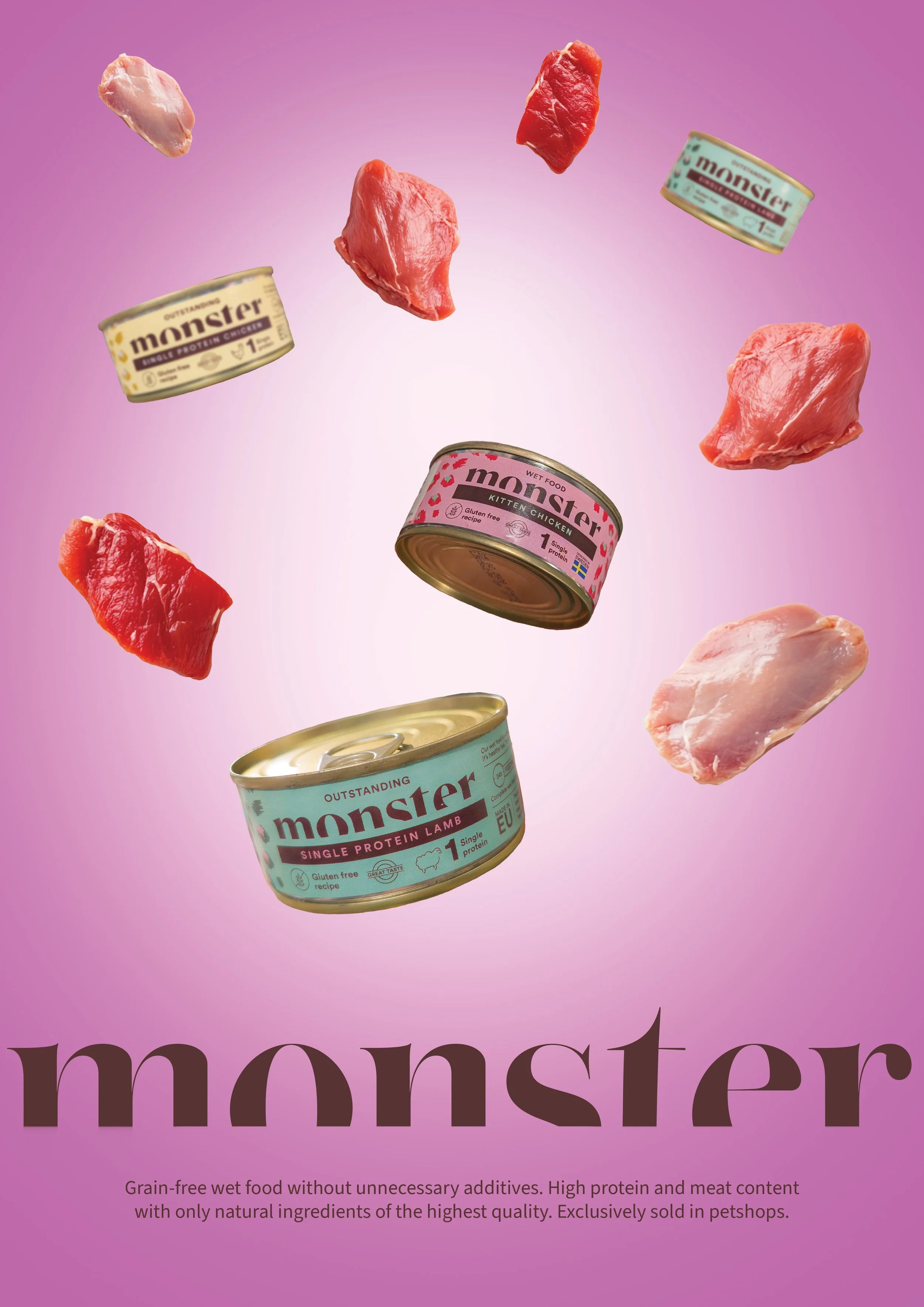 Image of floating cans and pieces of raw meat against a purple background, advertising grain-free wet food for pets with high protein and meat content, sold exclusively in pet shops.