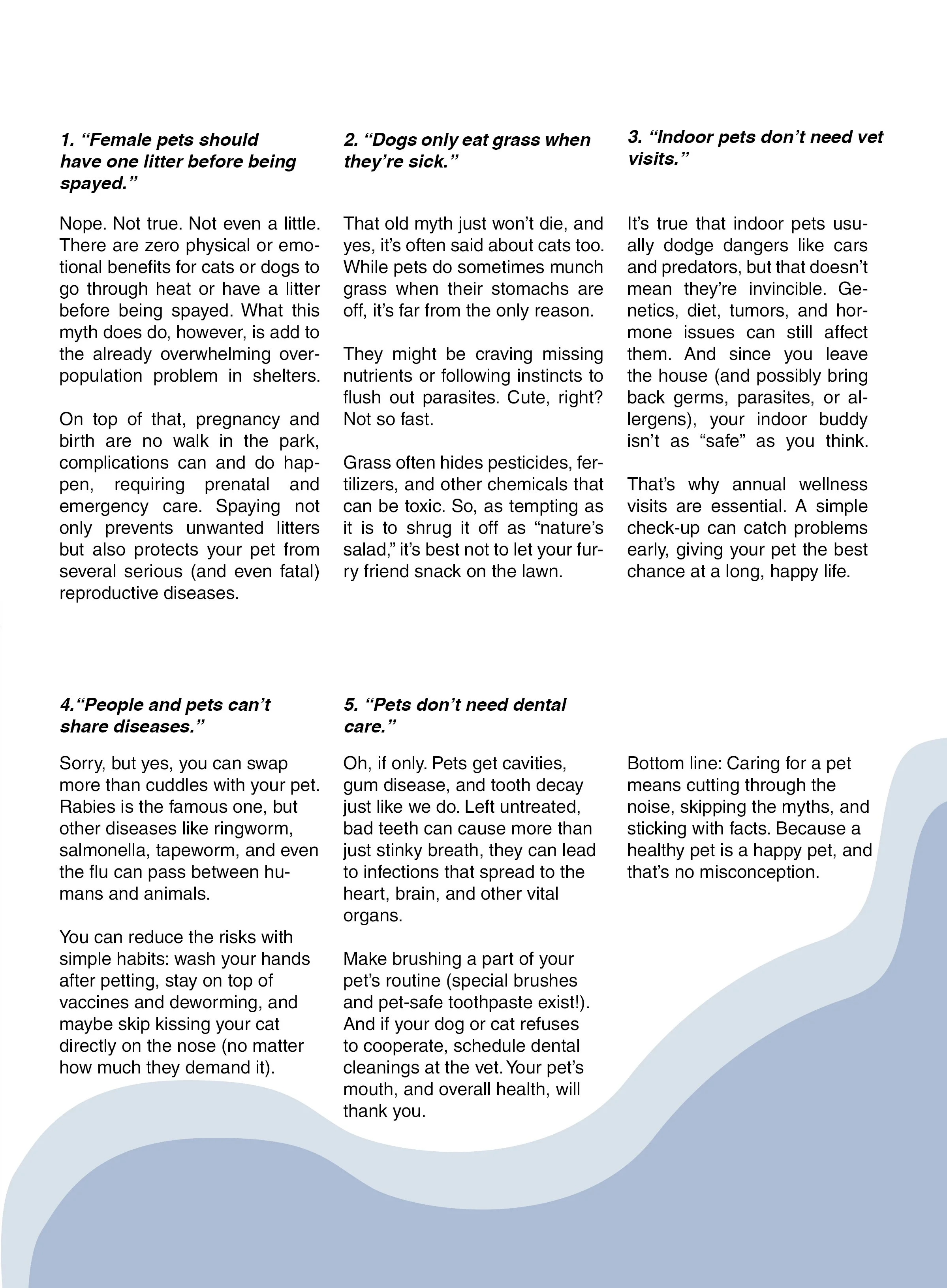 Page from a pet health and care magazine or brochure with five numbered sections, each discussing different aspects of pet health. The page has a light blue wavy background at the bottom.